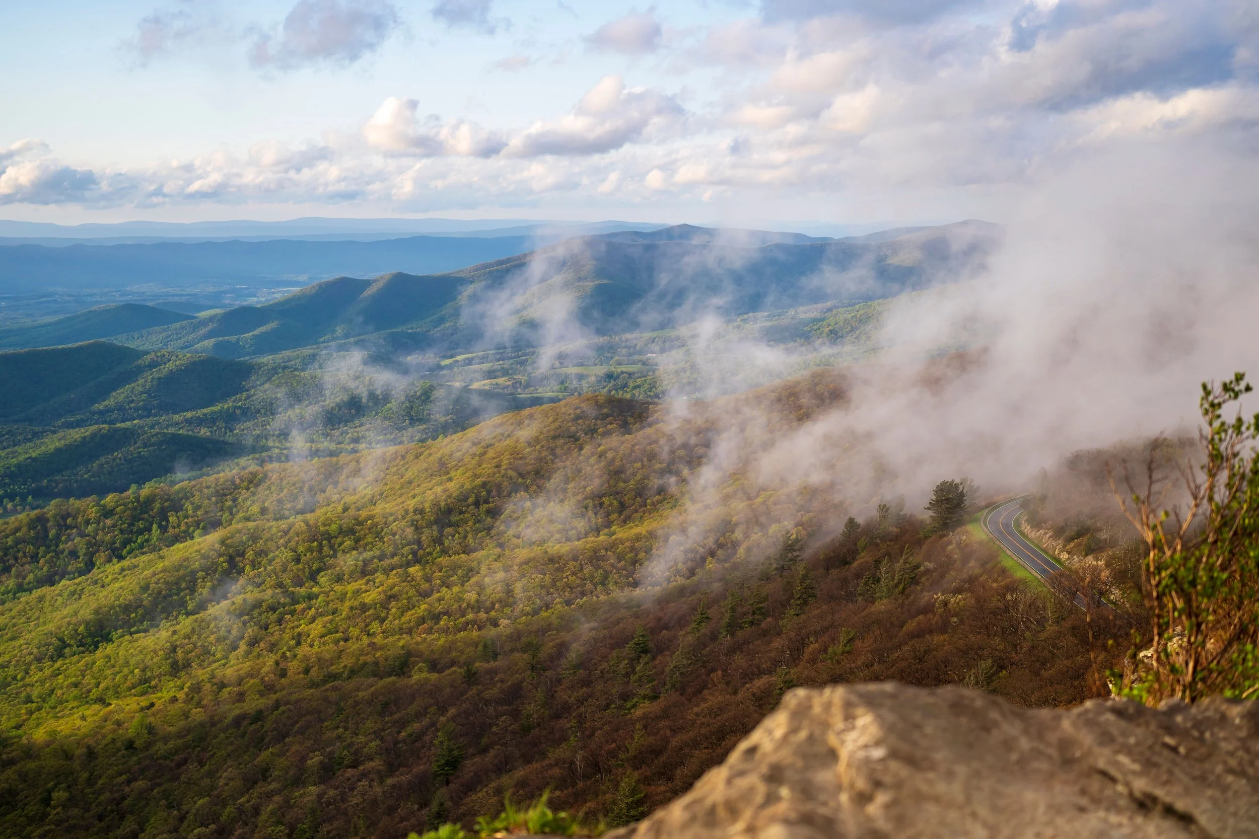The view from the top of a mountain in Shanandoah shows tree-lined ridges and a road