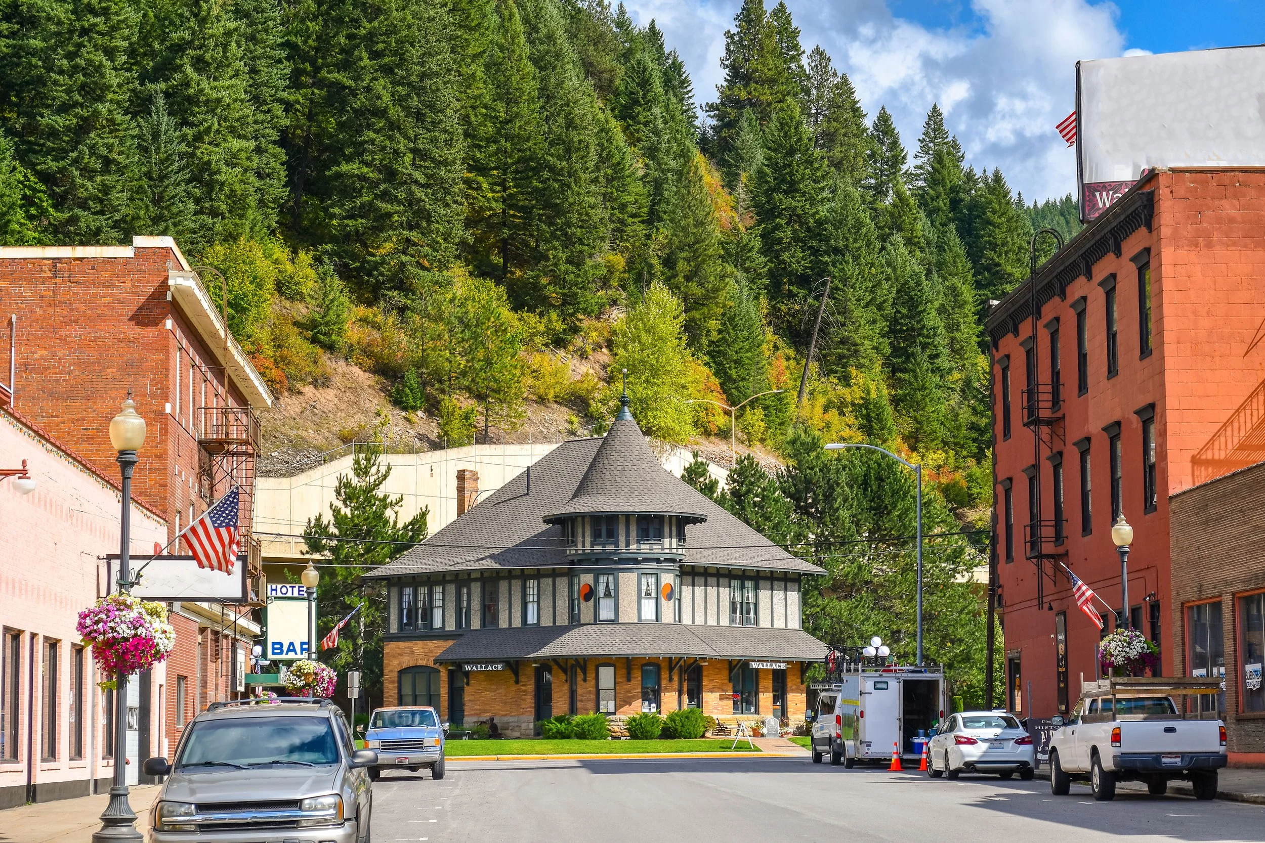 The Northern Pacific Depot Museum seen down a long street. Drives & Detours Wallace tour