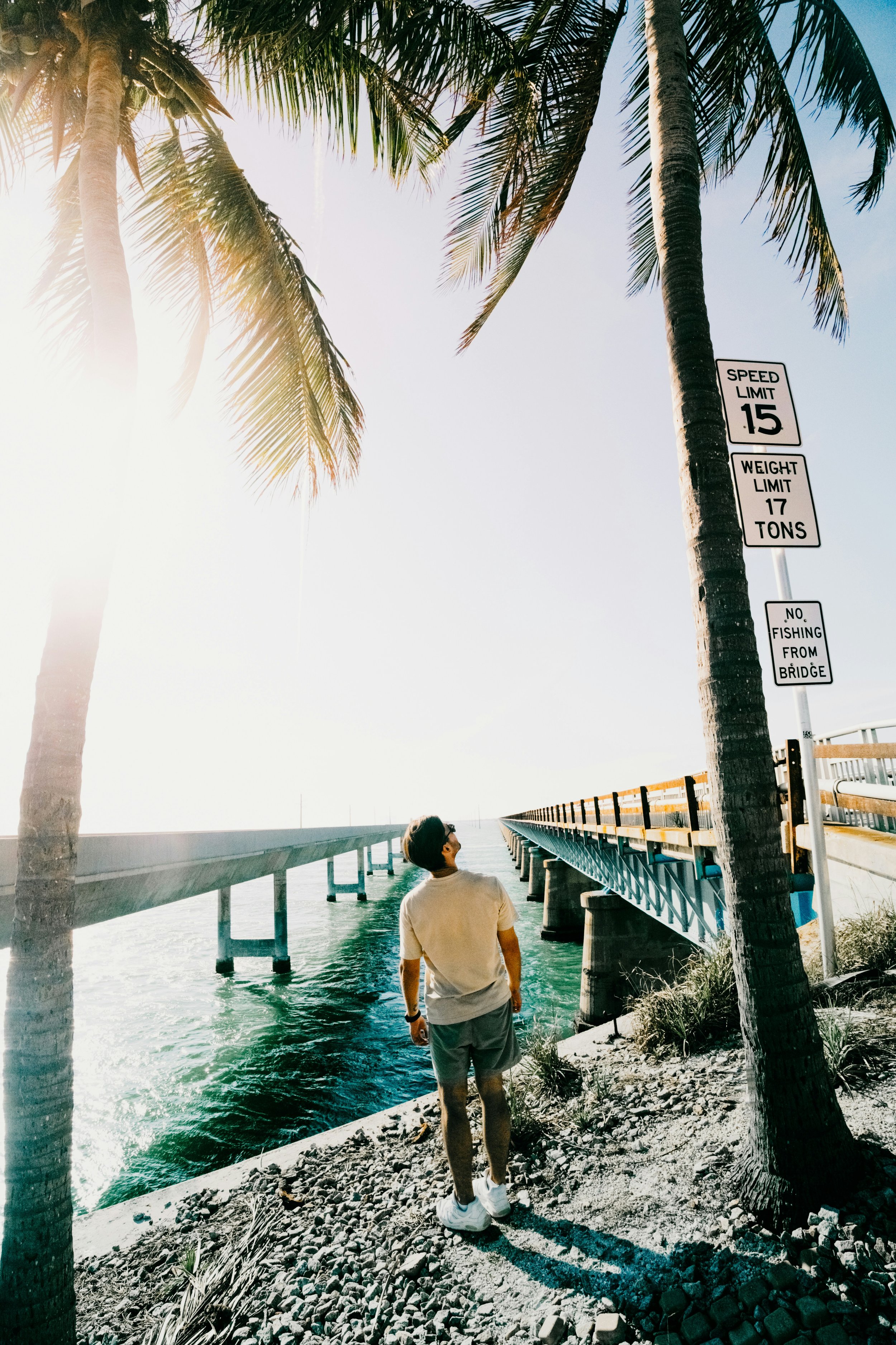 A man stands betweeen two palm trees and looks out towards the sea between two piers in Key West. The sun is the photo and it's very washed out
