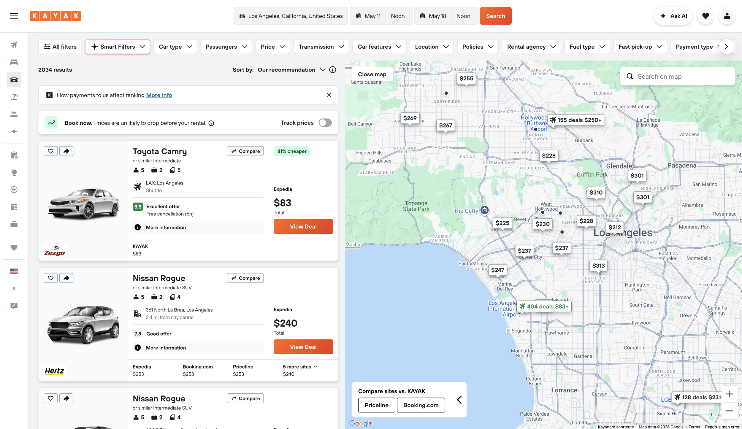 A screenshot of a search for Los Angeles on the Kayak car rental website. Drives & Detours Kayak rental car hacks