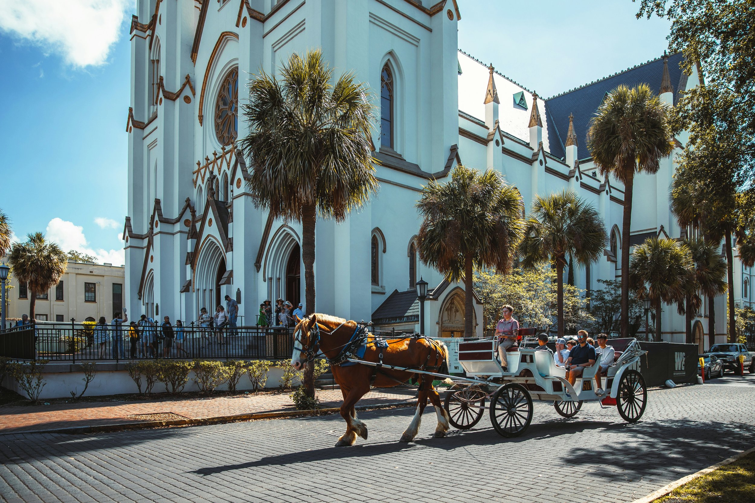 A horse pulls an old-fashioned open carriage carrying tourists through Savannah, Georgia, past the Cathedral Basilica of St. John the Baptist. Drives & Detours Savannah self-guided tour