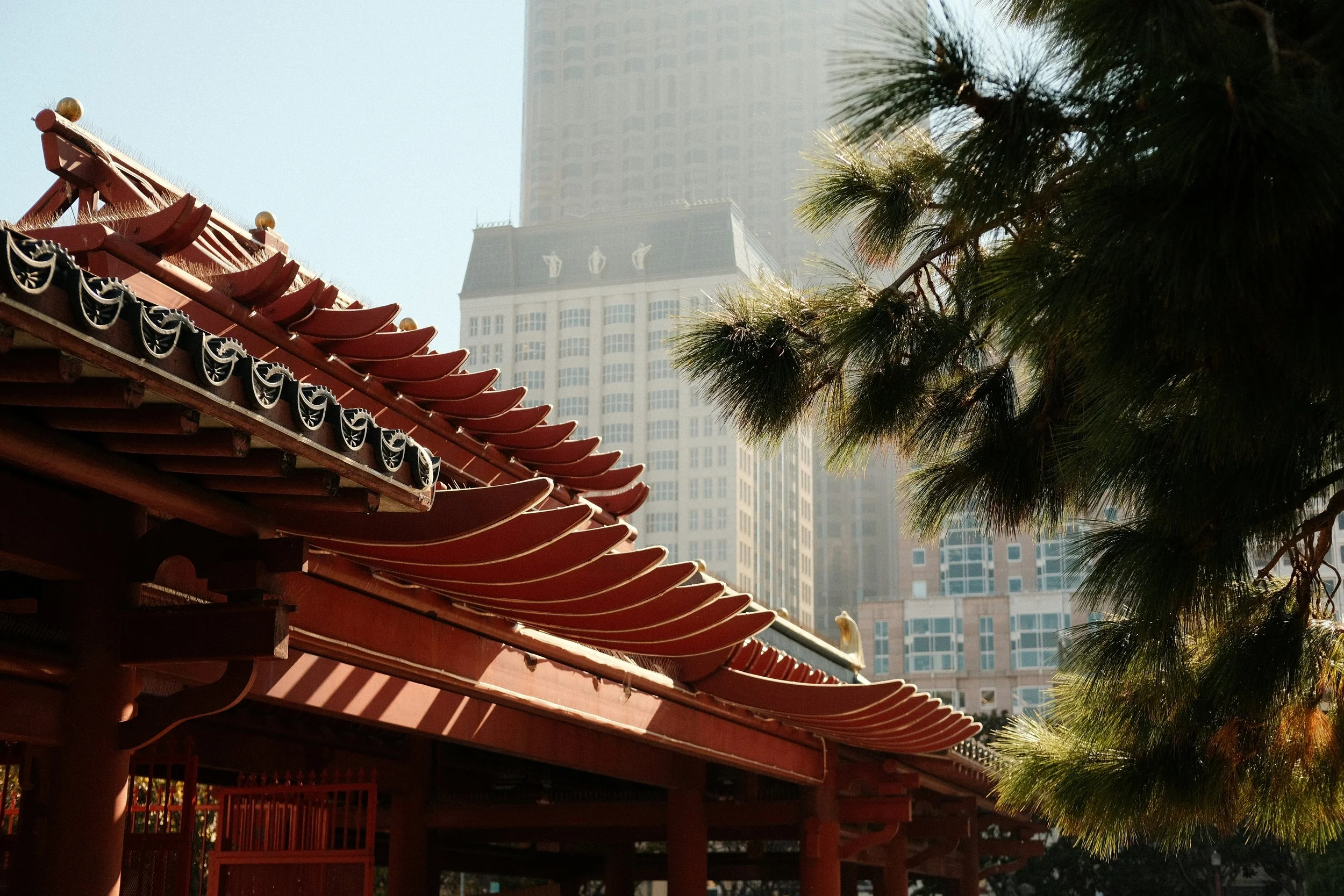 A Chinese pagoda in San Francisco Chinatown, with skyscrapers in the background