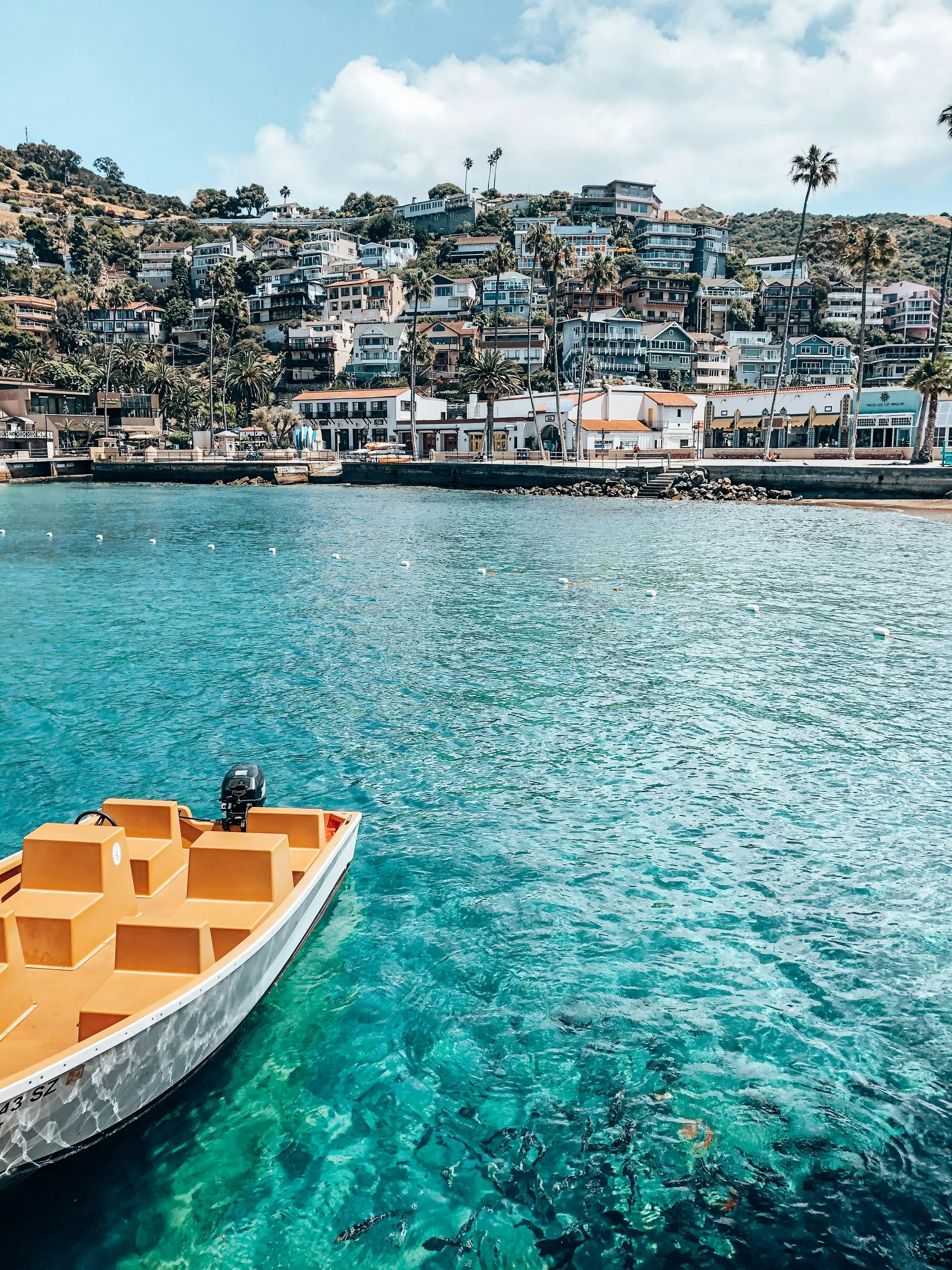 A boat floats in clear turquoise water in Avalon Harbor. Houses and apartments are built up the hill that meets the water in the distance