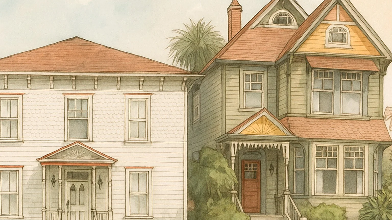 A drawing of the Keating House in Bankers Hill San Diego. It shows a mid-century wooden house