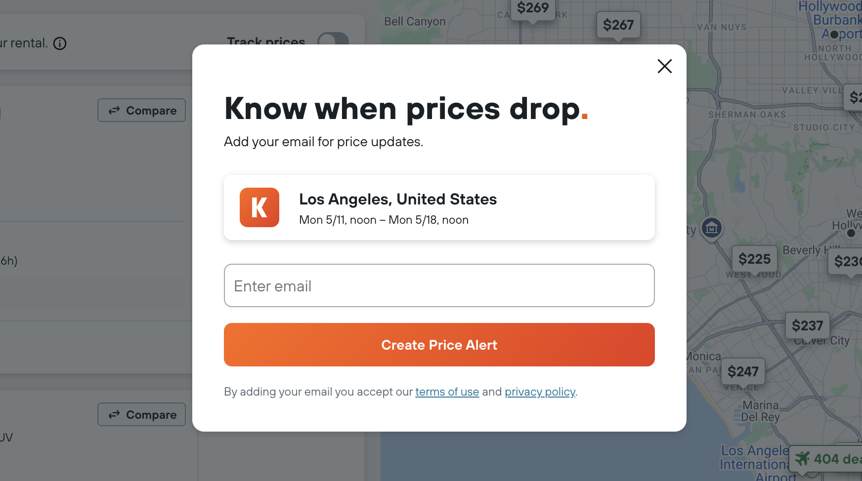 A screenshot from the Kayak Car Rental website showing a price alert. The copy reads: Know when prices drop. Drives & Detours Kayak rental car hacks