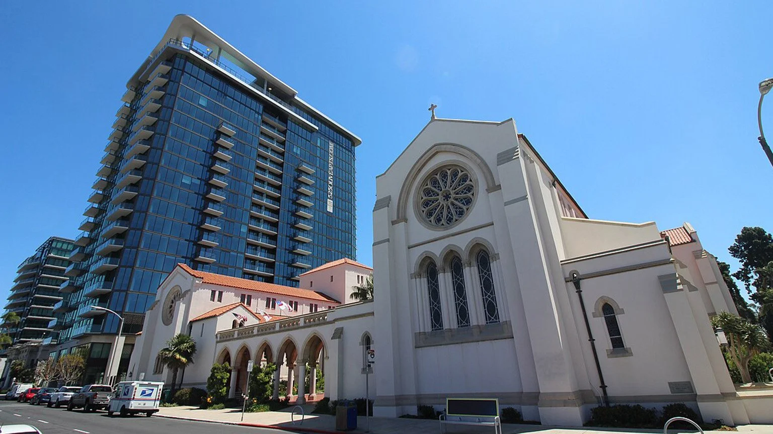 St. Paul’s Episcopal Cathedral in Bankers Hill, San Diego. The mid-20th century church is painted white with a red tiled roof
