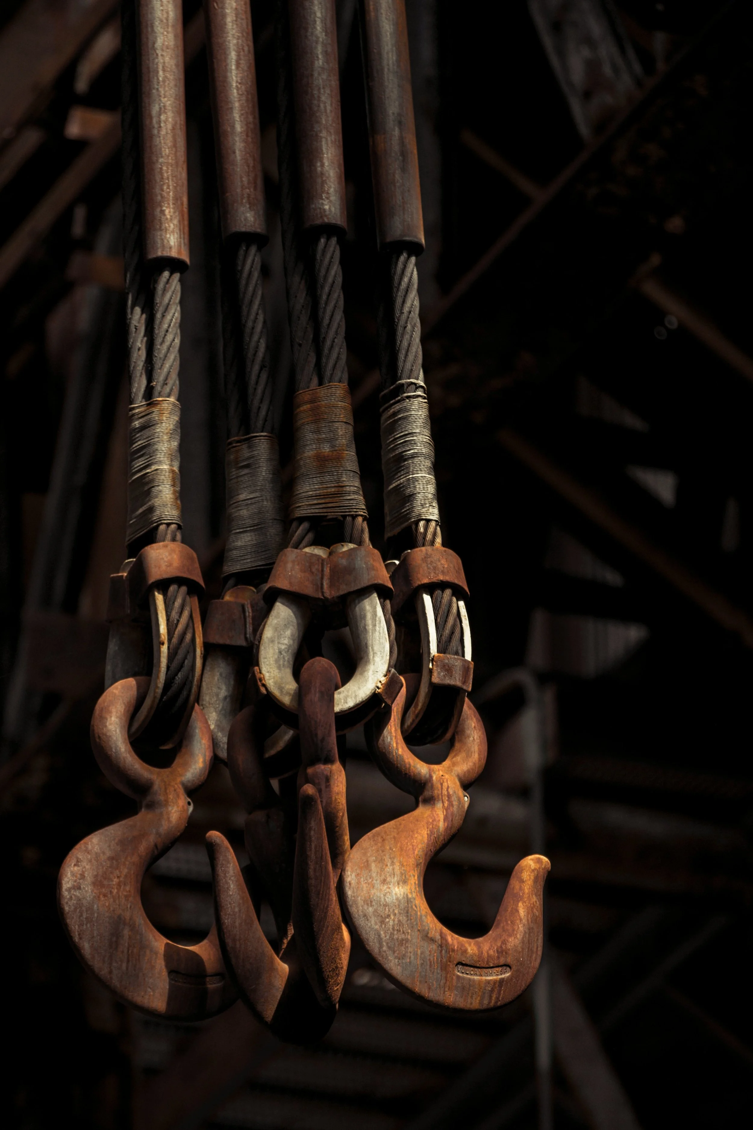 Heavy steel cables and hooks hand in the SteelWorks. Drives & Detours Bethlehem walking tour