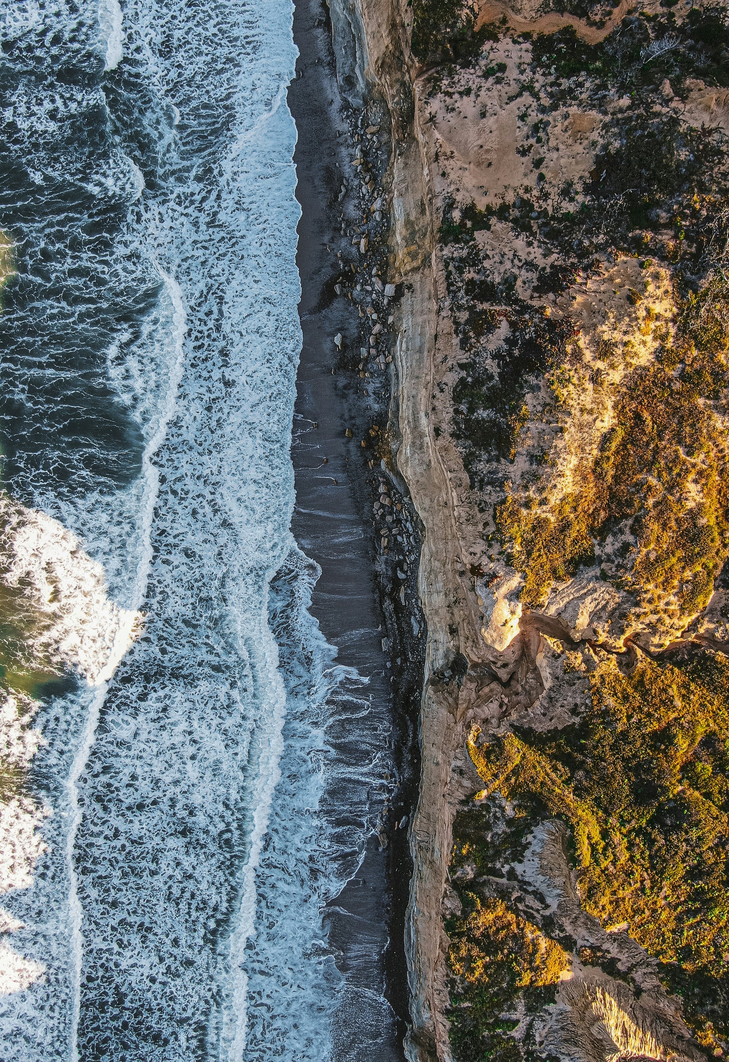 The cliffs of Torrey Pines National Park can be seen in a top down shot. On the left half of the picture, the sea laps against the bottom of the cliffs. On the right, there is green scrub
