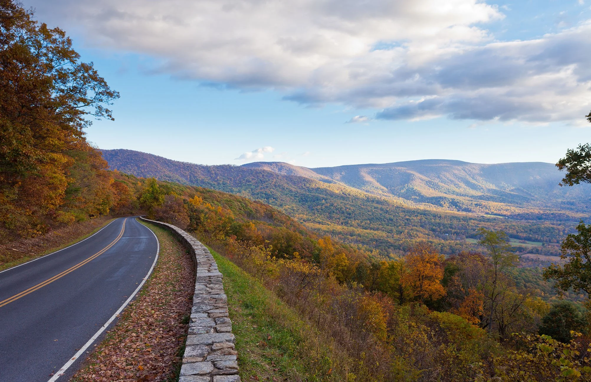 Skyline drives runs through the fall foliage of Shenandoah National Park, with hills stretching into the distance