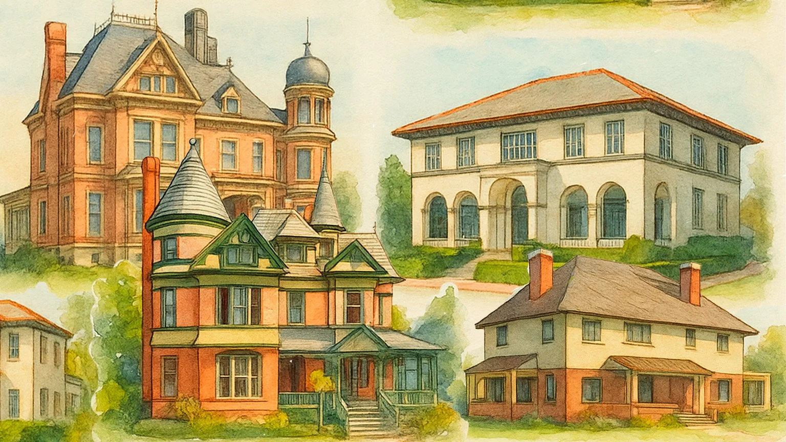 A drawing of four houses in Bankers Hill, San Diego, showing the architecture of the area. Some houses have turrets, while others have arches