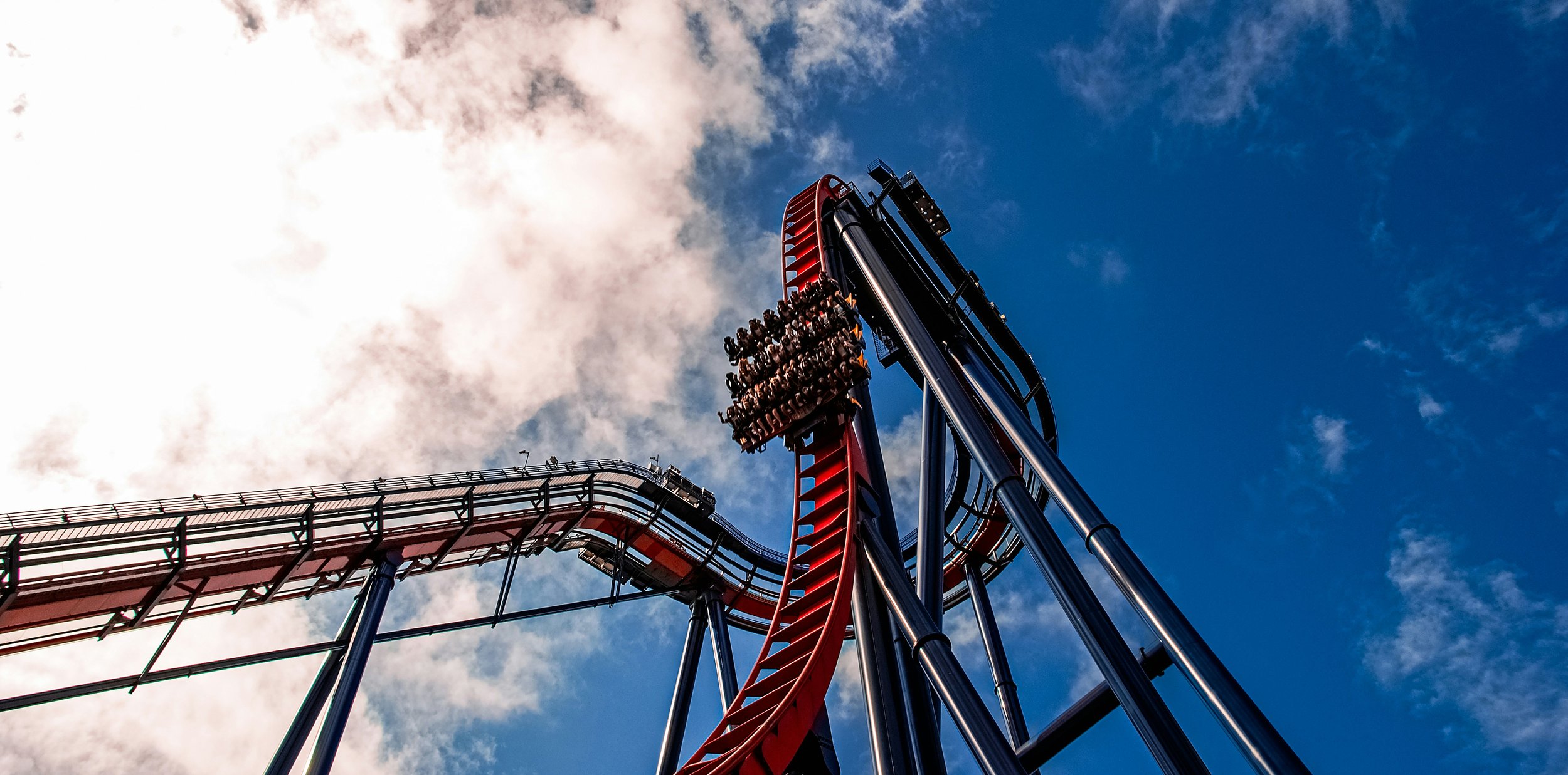 A carriage full of people plummets down a vertical drop on a rollar coaster in Busch Gardens, Tampa.