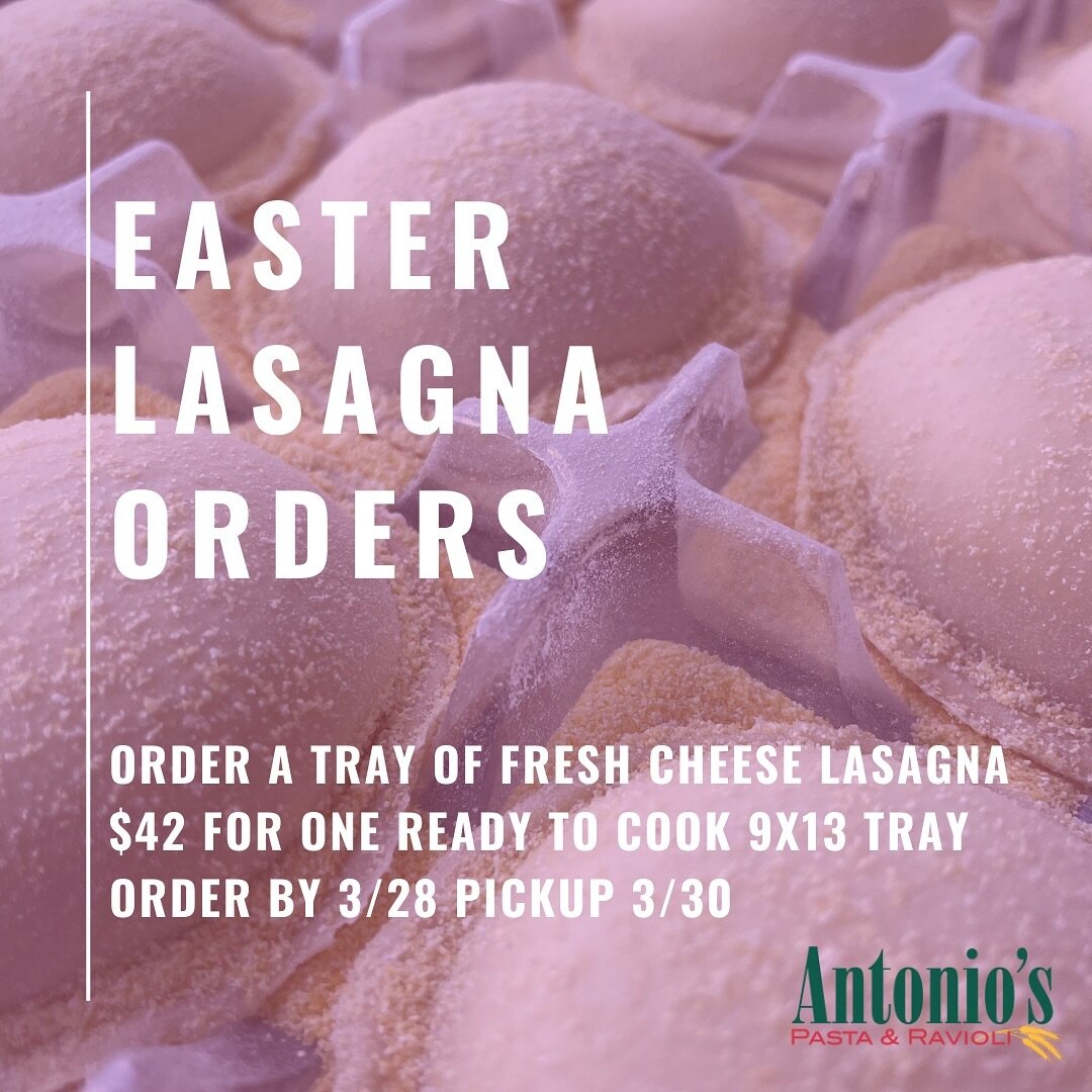 Our limited time cheese lasagna is back for Easter!

Each lasagna is made with our delicious ricotta filling, marinara sauce, imported pecorino romano and pasta sheets. Each lasagna is 9x13 inches and will feed approximately 8-10 people. They are $42