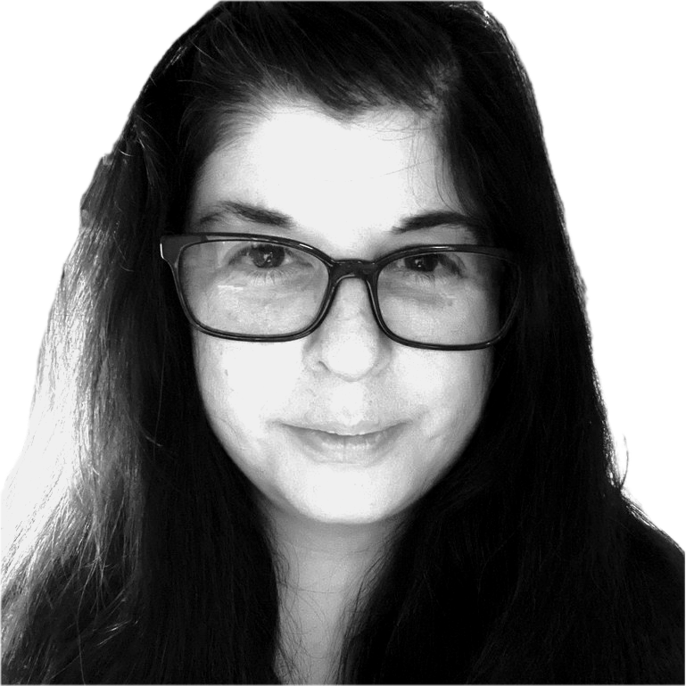 Abby Getman, a black and white close-up portrait of a woman with long dark hair, wearing glasses, smiling slightly.