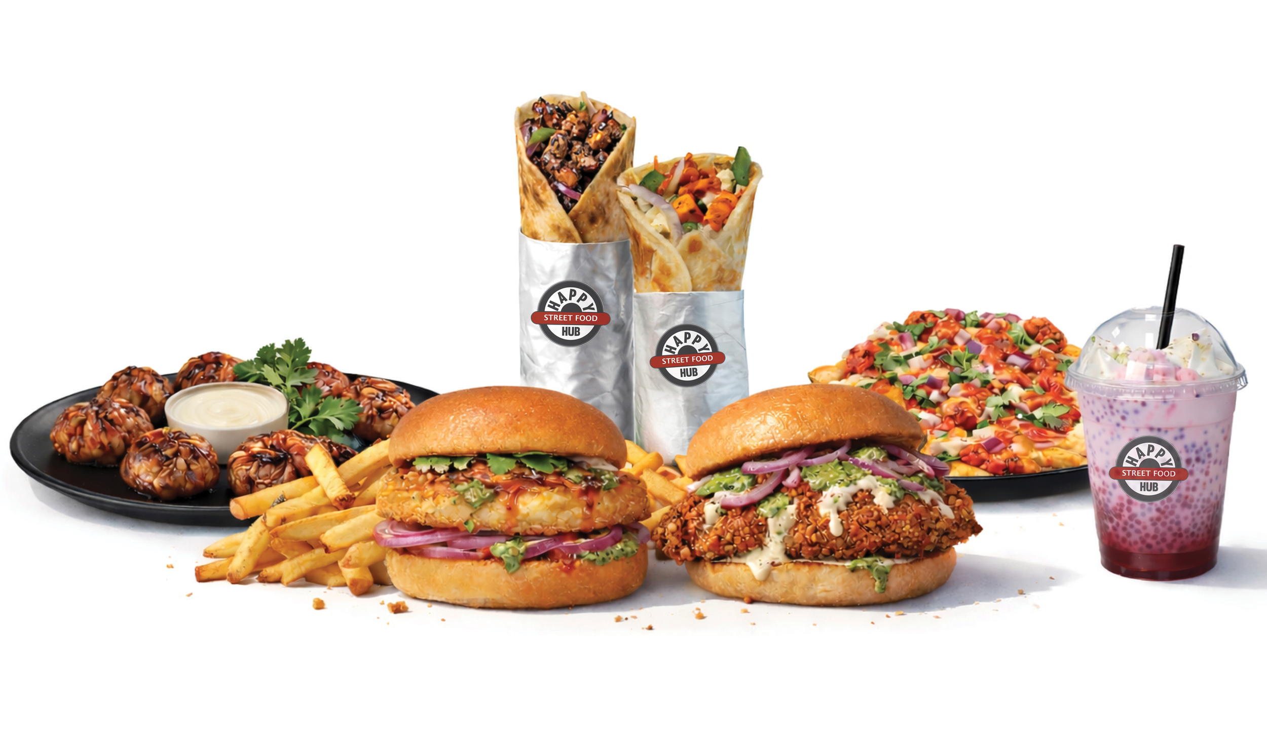 Assorted street food including Kathi Rolls, Momos, Tandoori Fried Chicken Sandwich, Crispy Paneer Burger, Falooda and Butter Chicken Poutine all labeled 'Happy Street Food Hub'.