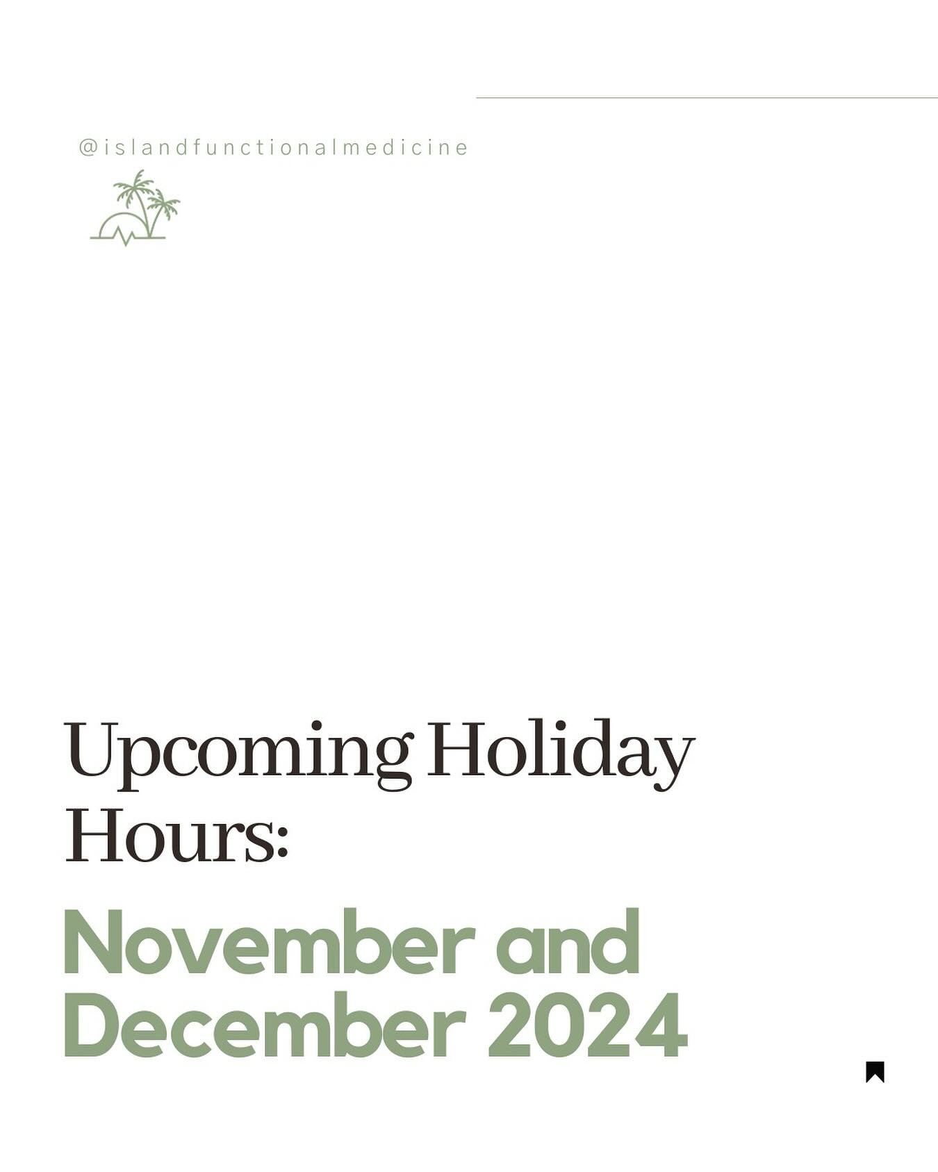 2024 is rapidly coming to an end! 
To prepare for the rest of the year, here&rsquo;s our holiday closures:

November: 
-Sat: 11/23 closed
-Thur: 11:28 closed for Thanksgiving 
-Fri: 11/29 closed
-Sat: 11/30 closed

December:
-Christmas closure from 1