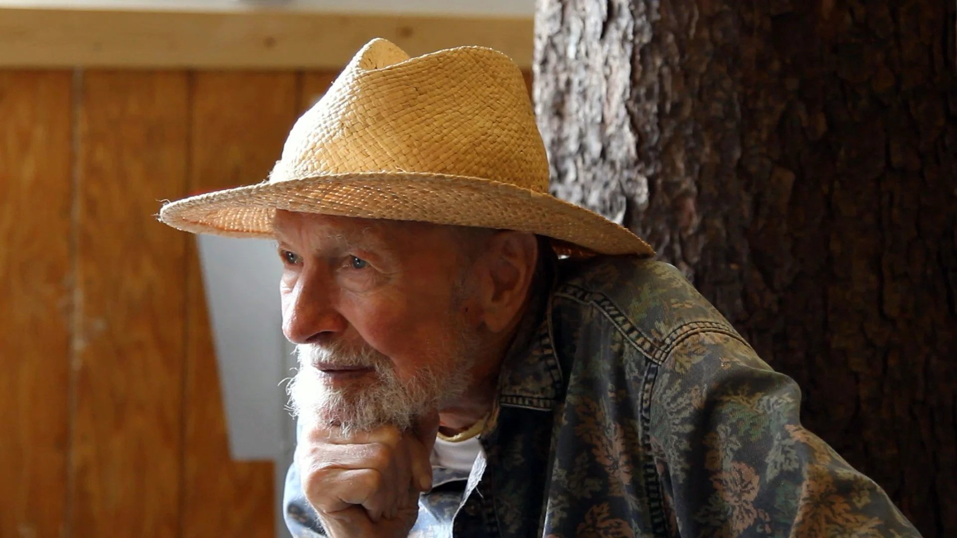 Pete Seeger with chin and hand in front of a tree.