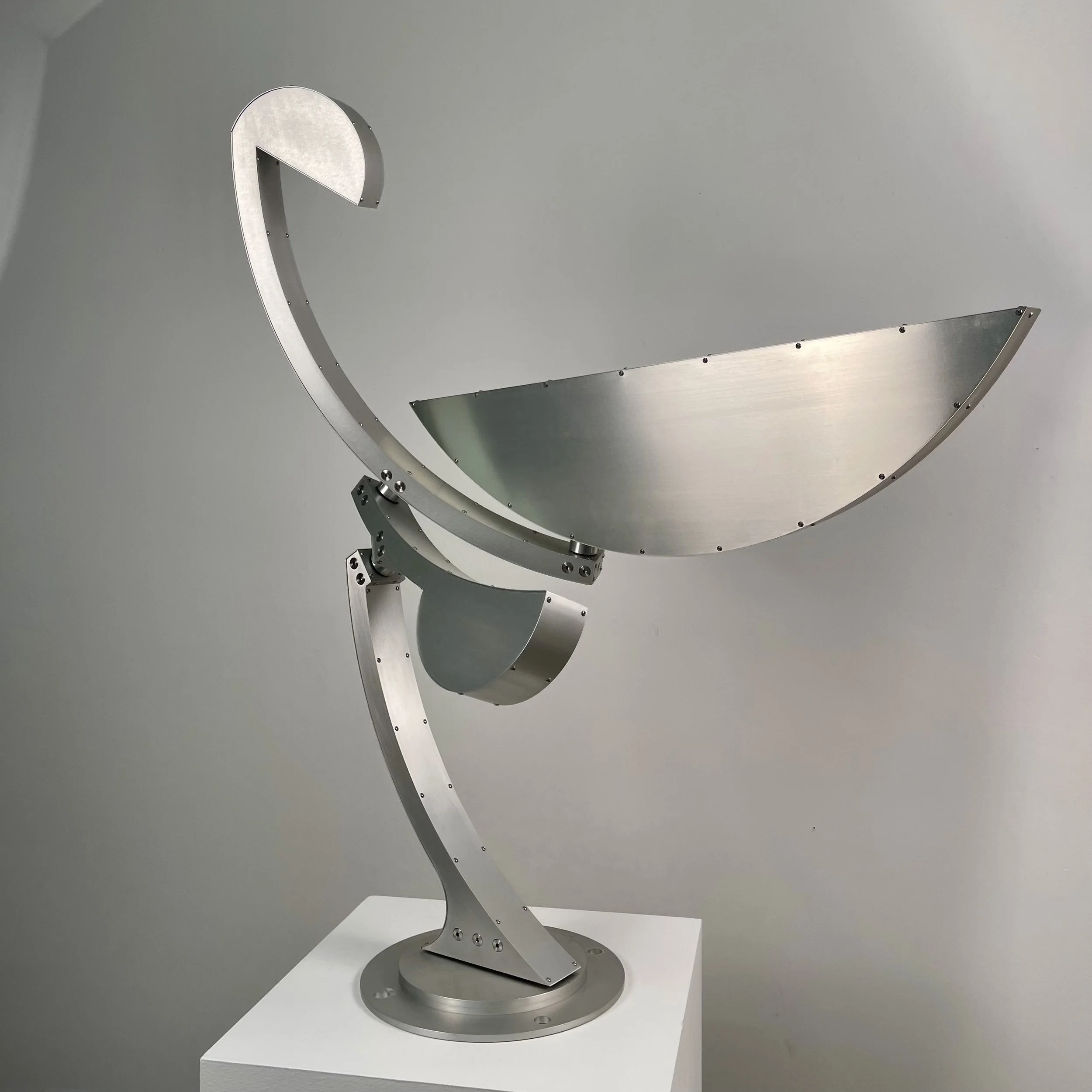 SPHERE -2023
Anodized brushed aluminum, brass, stainless steel
Outdoor pedestal mount:     base plate is 10” dia.
Max. height: (off pedestal)   47”
Max. swing:  54"