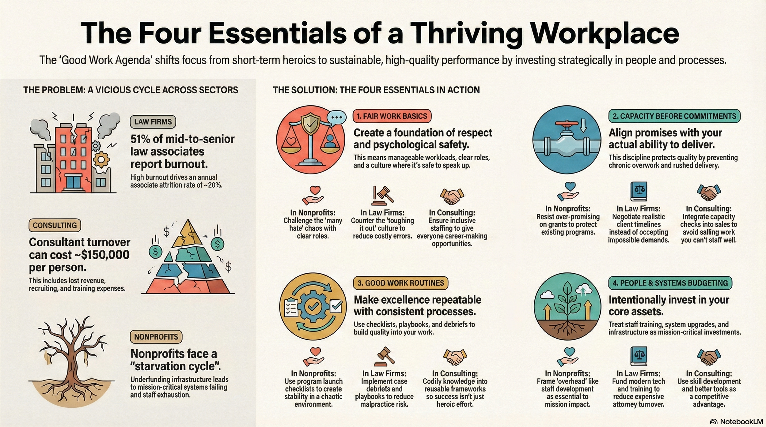 An infographic titled "The Four Essentials of a Thriving Workplace" explaining strategies for improving work environments. It highlights problems like burnout and staff turnover, and presents four action-based solutions: fair work basics, capacity before commitments, good work routines, and people & systems budgeting, with suggestions for nonprofits, law firms, and consulting organizations.