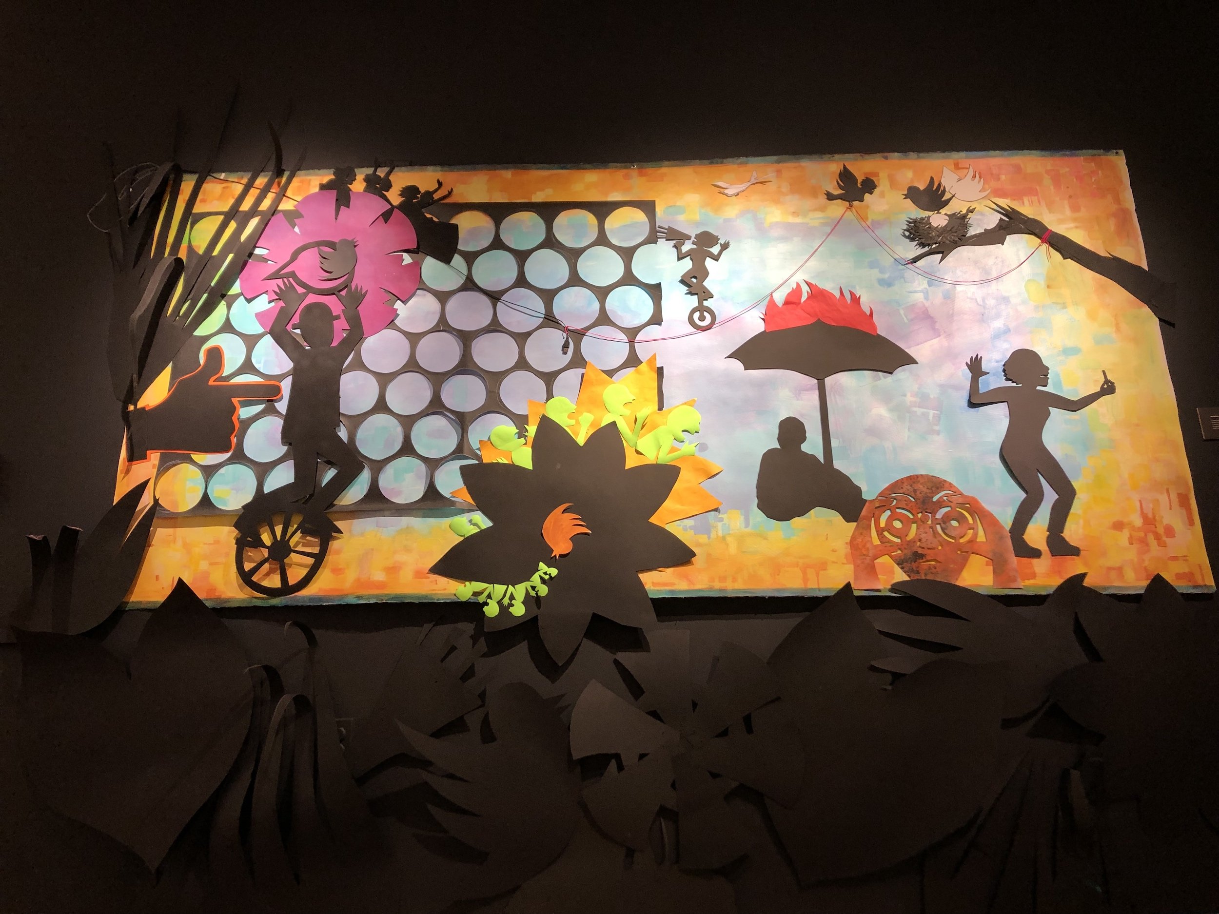 Combustible Landscape. mixed media, 2022 "Combustible Landscape", paper cutouts with acrylic, string, computer mouse, mounted on acrylic on Arches panel and surrounding wall