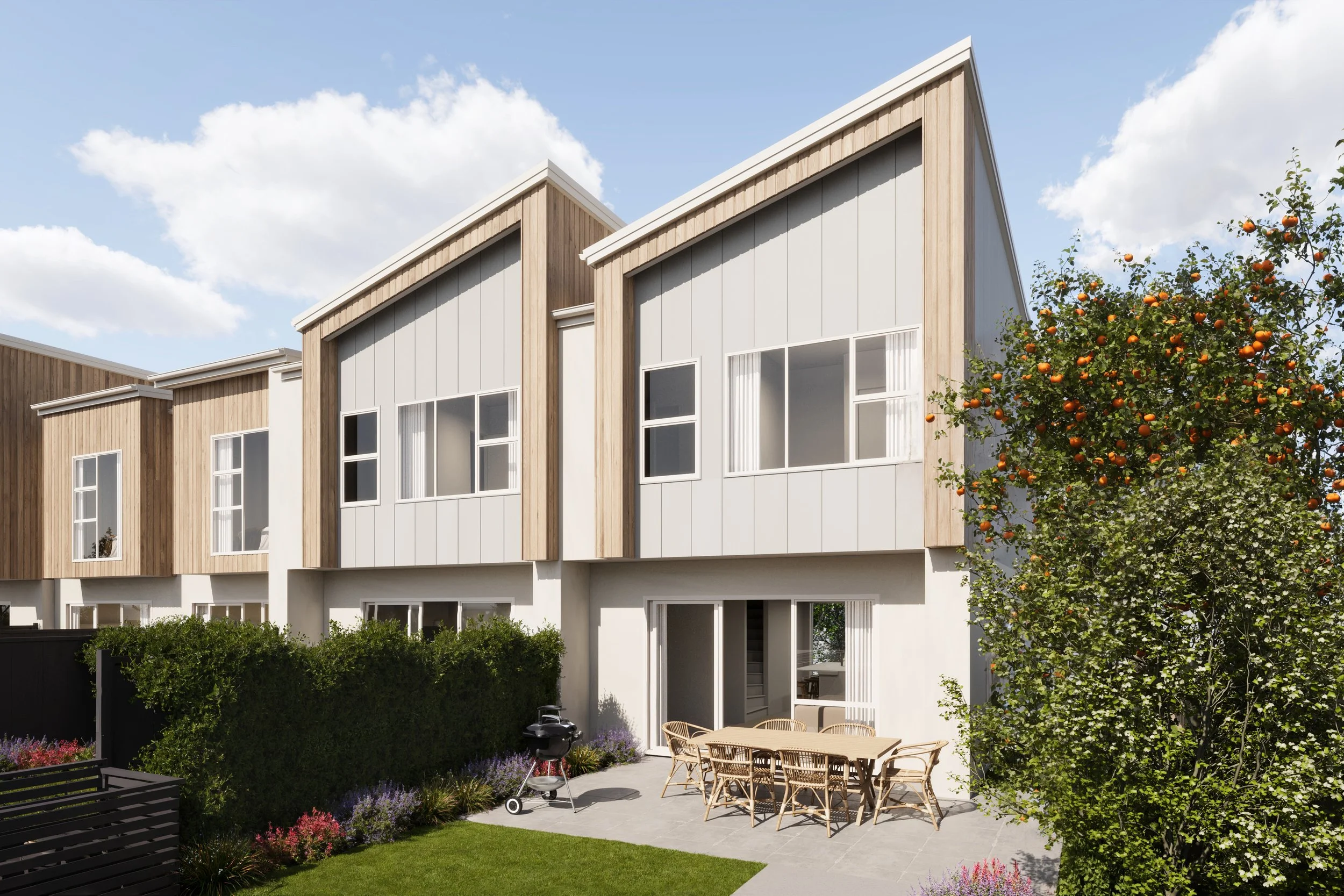 Exterior render of Lot 297, an end unit new build in the Kenepuru Landing development. This render shows a lovely patio and barbecue set-up, the perfect spot for a summer party