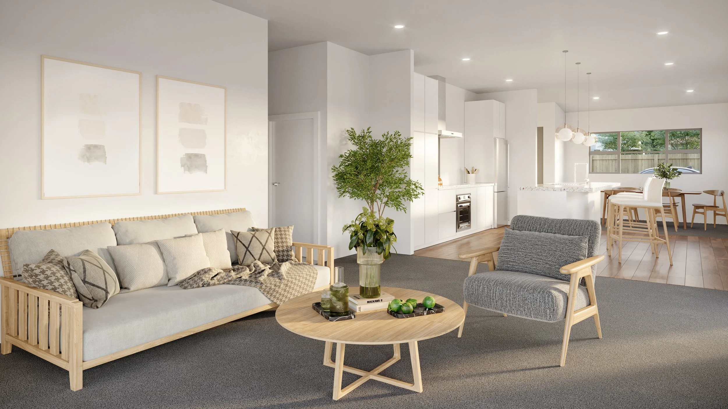Lot 2's interior render showcases a flowing living, dining, kitchen area perfect for entertaining friends and family