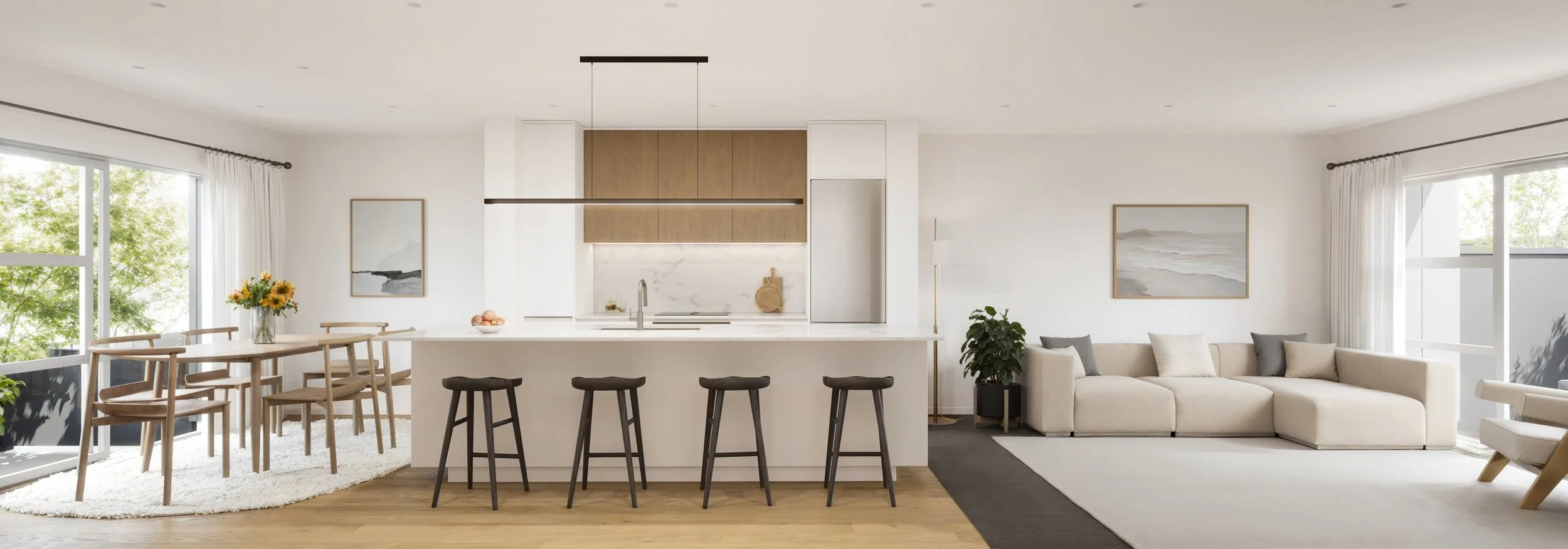 An interior render of Lot 297, a new home build in Kenepuru Landing Block 13, showcases well-designed kitchen, living and dining room spaces, perfect for families or first-home buyers