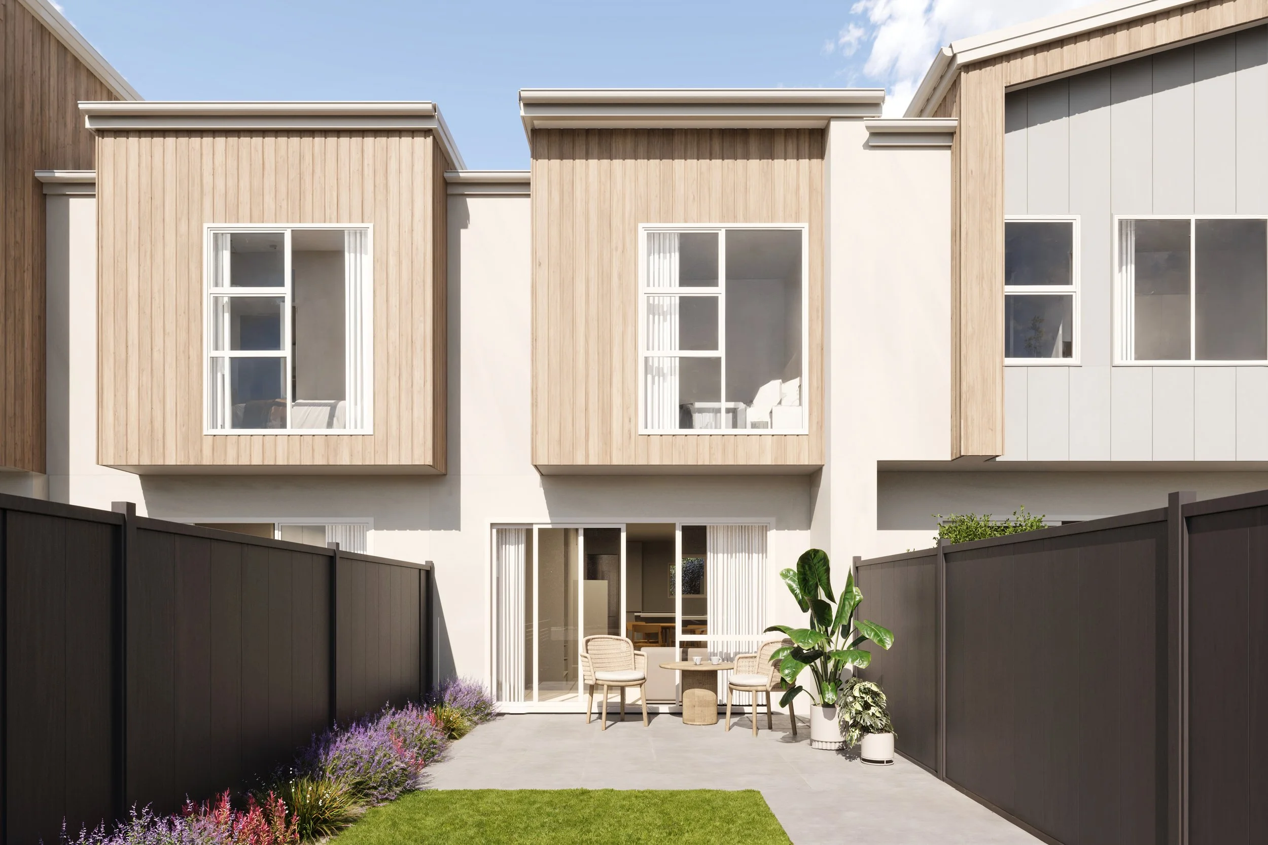 An exterior render of Lot 295 in Block 13, Kenepuru Landing shows the indoor-outdoor flow through large sliding doors onto a concreted patio