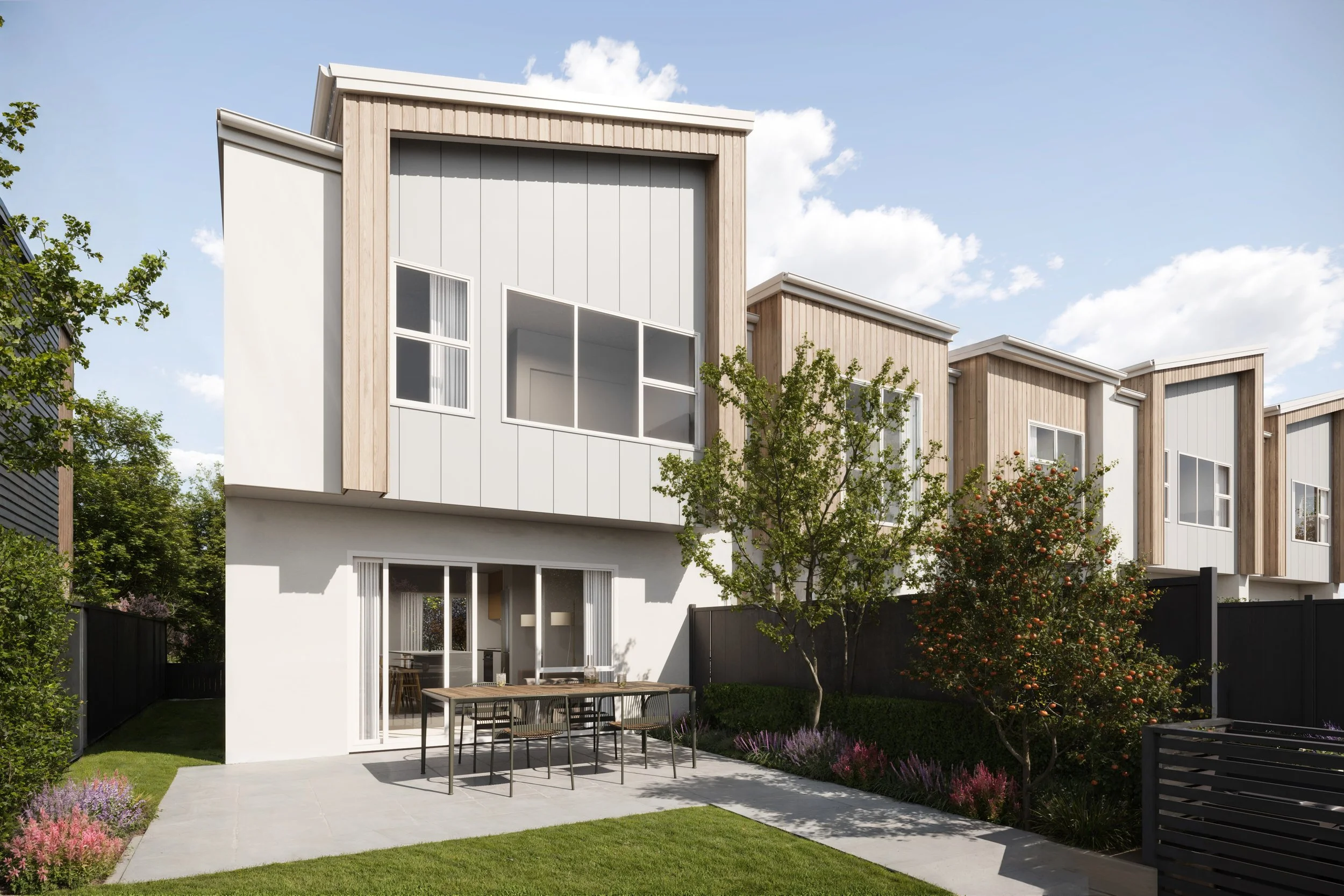 Lot 293's exterior render of the backyard shows a patio perfect for outdoor summer dining