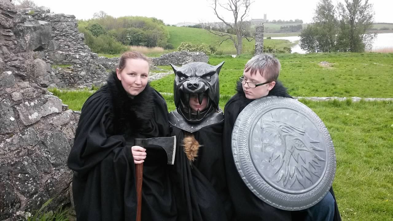 The Blessed Ohana- Ireland- Emma in The Hound's Helm from Game of Thrones and Tyler with the House of Stark shield