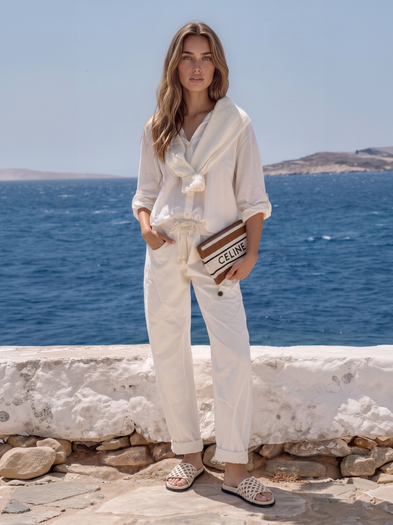 Woman in cream-colored outfit standing by the sea, holding a CELINE clutch bag, with hills visible in the background.