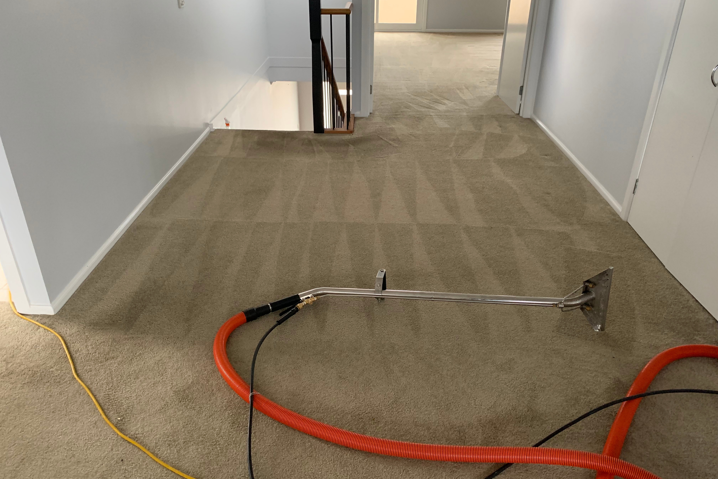 Carpet cleaning machine on a beige carpet in a hallway with light-colored walls and a staircase in the background.