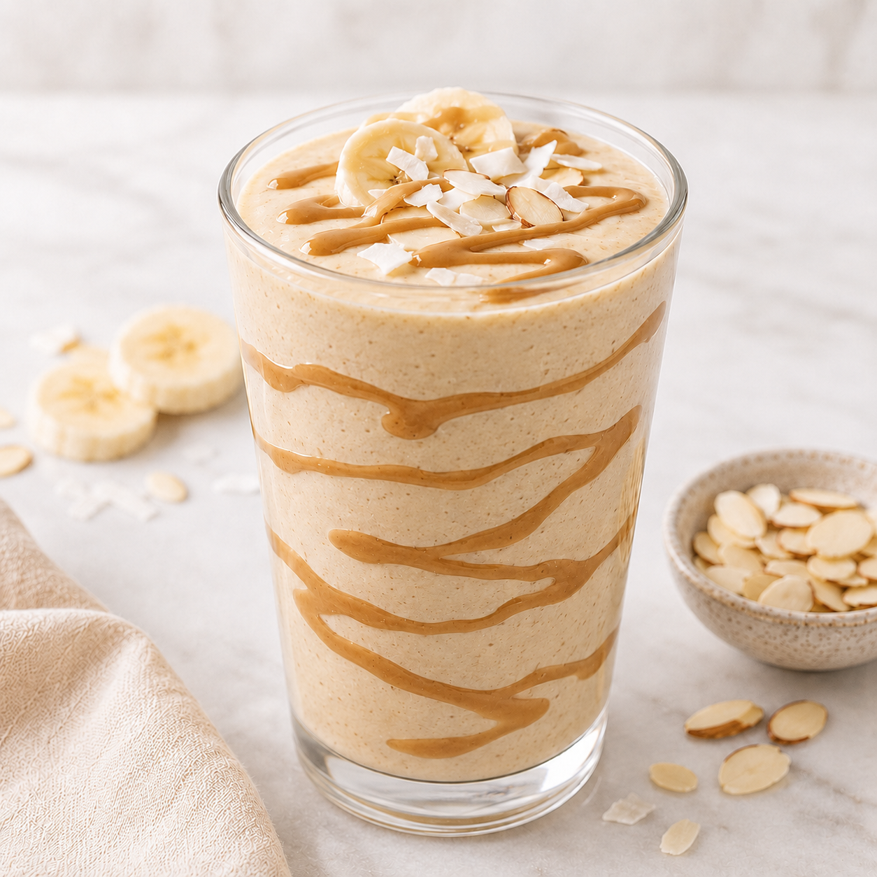 Creamy banana smoothie topped with banana, coconut, sliced nuts, and Vör Pecan Drizzle.