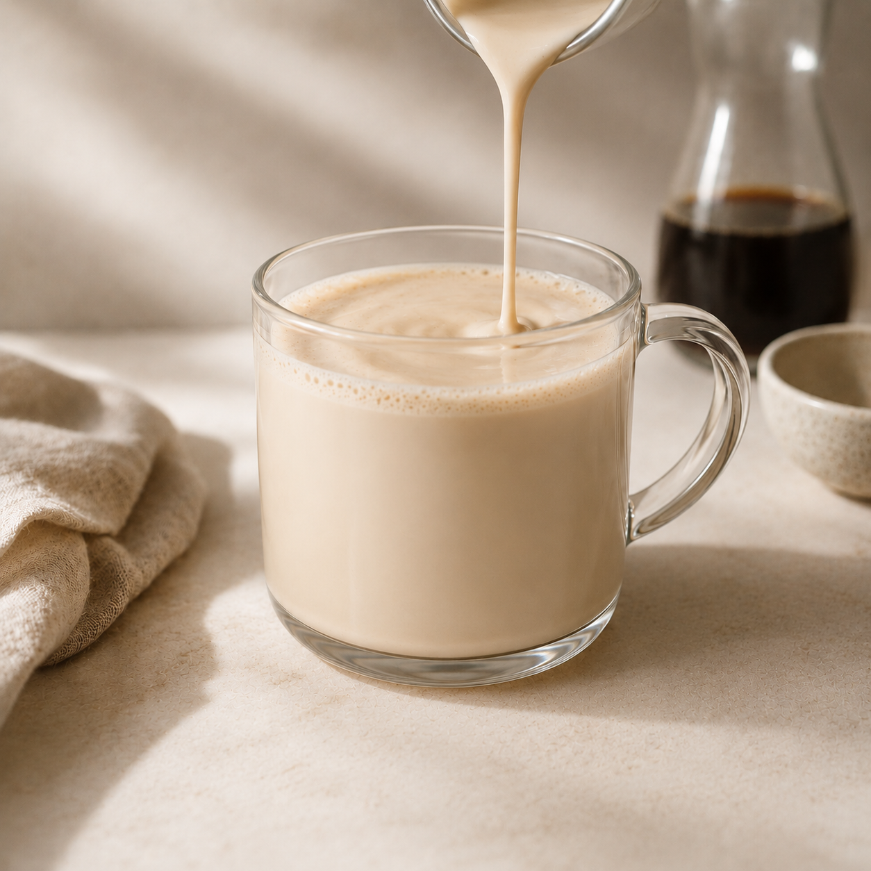 Vör Cashew Nut Milk Base poured into a warm coffee beverage for a light, creamy dairy-free finish.