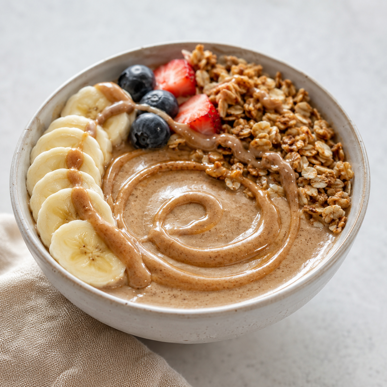 Vör pecan butter drizzled over a smoothie bowl with banana, berries, and granola