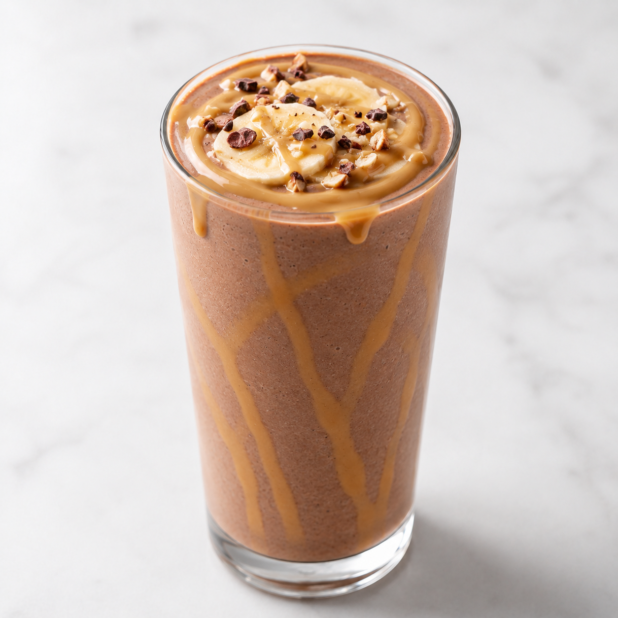 Chocolate banana smoothie topped with banana, cacao nibs, chopped nuts, and Vör Peanut Drizzle.