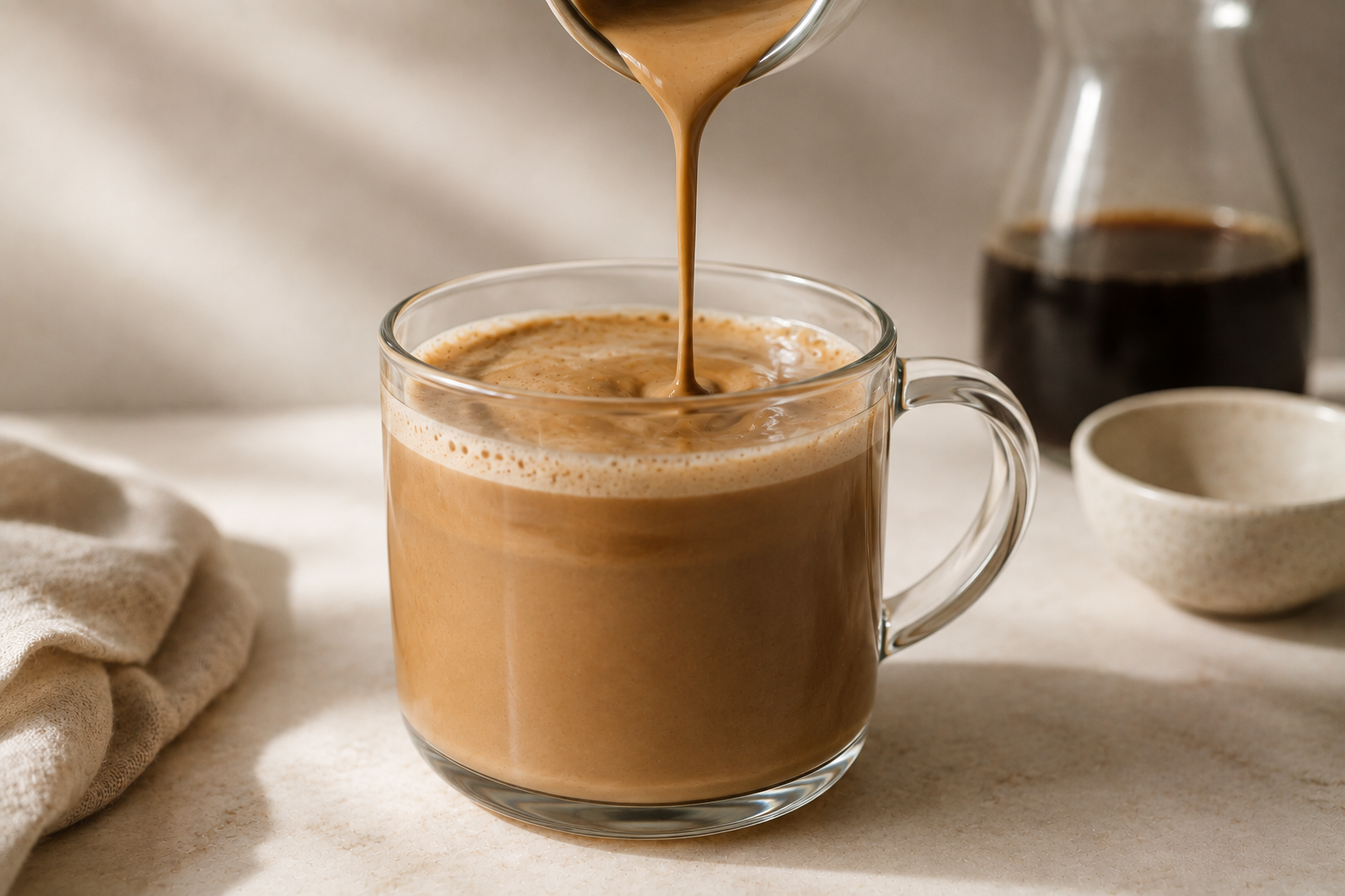 Vör Hazelnut Nut Milk Base being blended into a hot coffee beverage