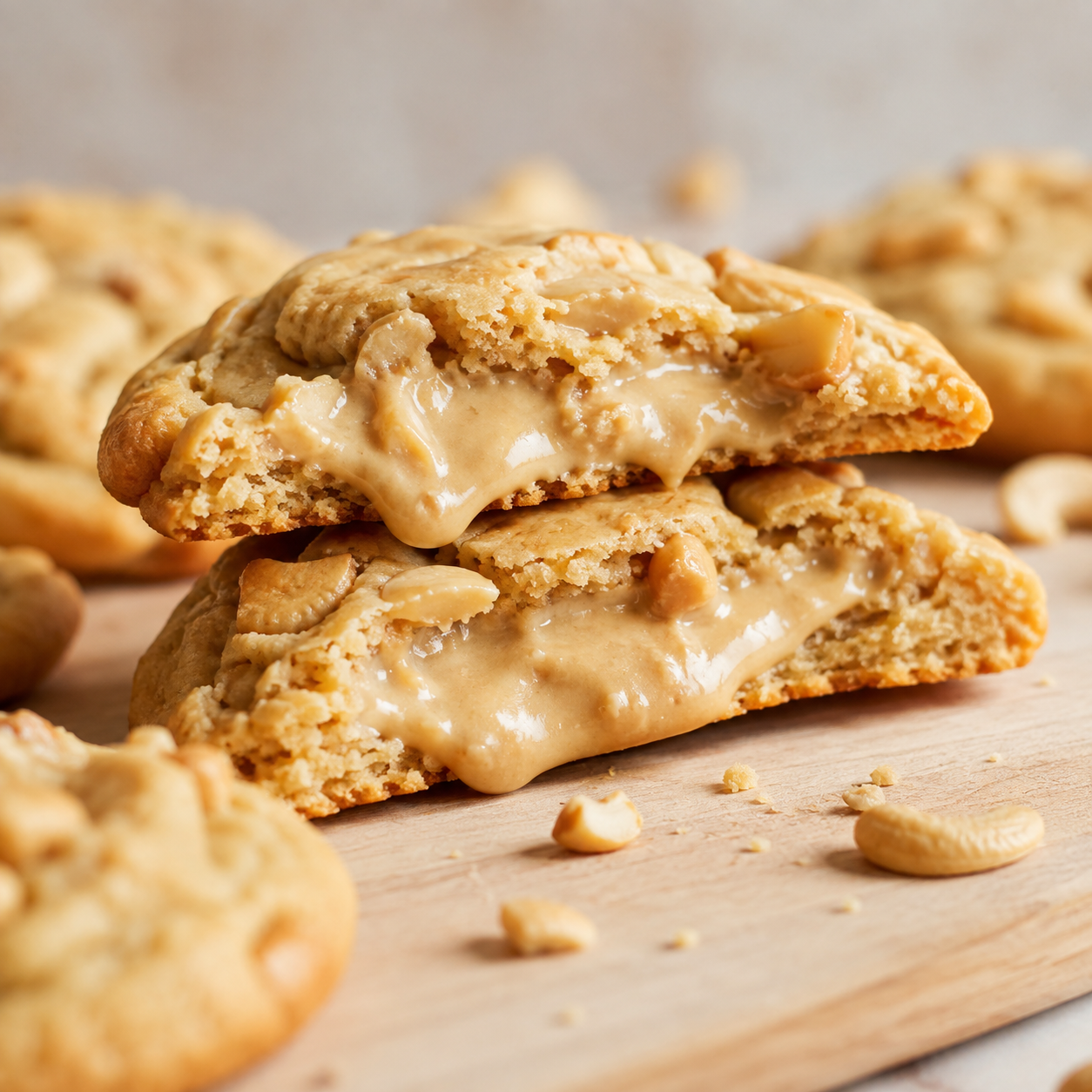 Soft baked cookies filled with creamy Vör Cashew Butter, showcasing a rich cashew butter bakery application.