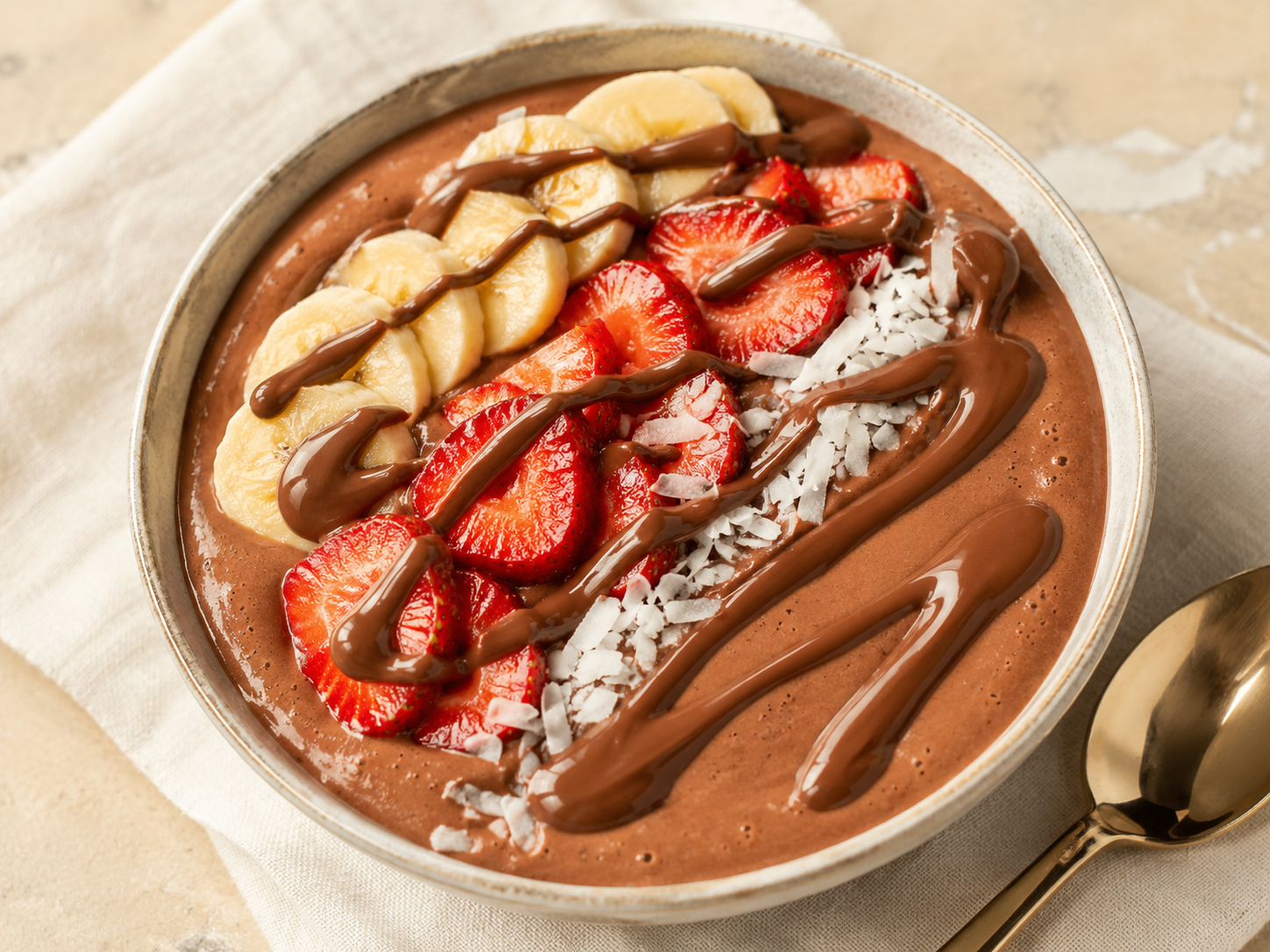 Vör Chocolate Hazelnut Butter drizzled over a chocolate smoothie bowl with banana, strawberries, and coconut.