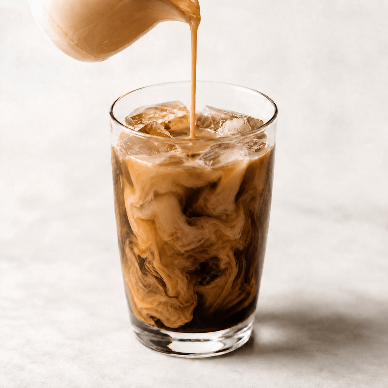 Vör Almond Nut Milk Base poured into iced coffee, creating a smooth, creamy swirl through the cold brew.