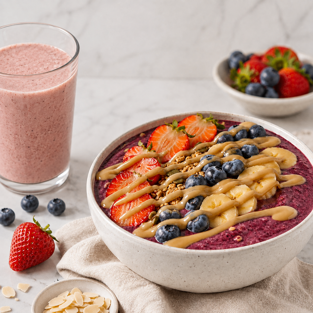 Berry smoothie bowl topped with strawberries, blueberries, banana, granola, and Vör Pecan Drizzle.
