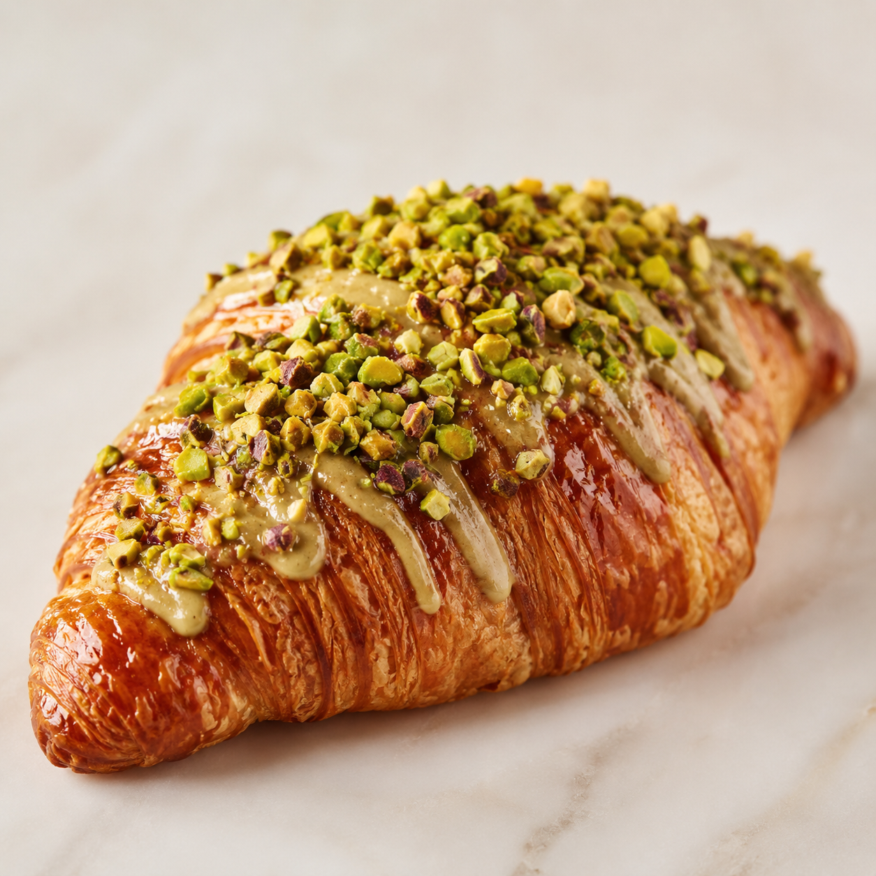 Vör chopped pistachios sprinkled over a flaky glazed croissant for bakery and pastry applications