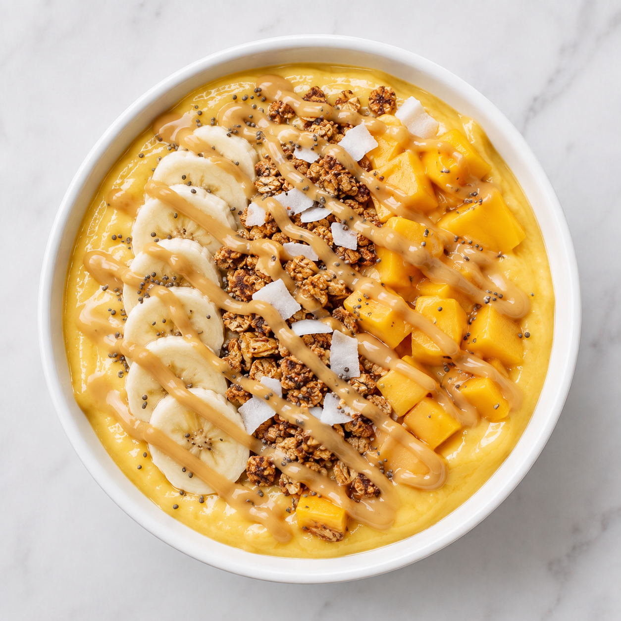 Mango smoothie bowl with banana, mango, granola, coconut, chia seeds, and Vör Peanut Drizzle.