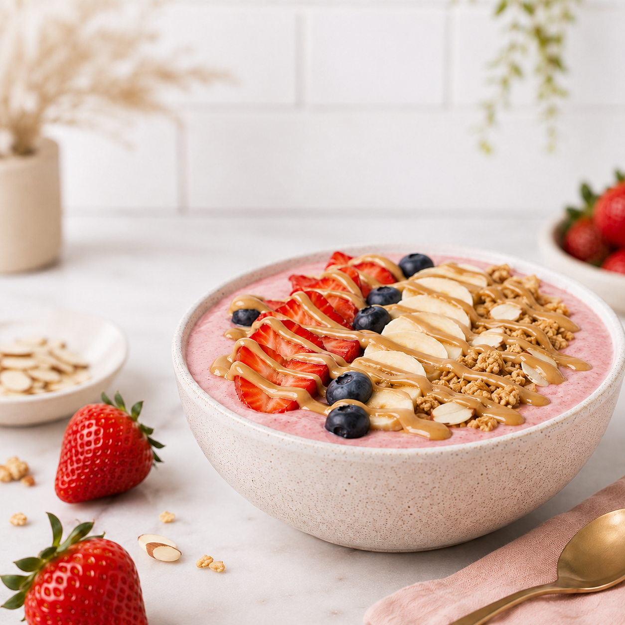 Strawberry smoothie bowl with fresh strawberries, blueberries, banana, granola, and Vör Pecan Drizzle.