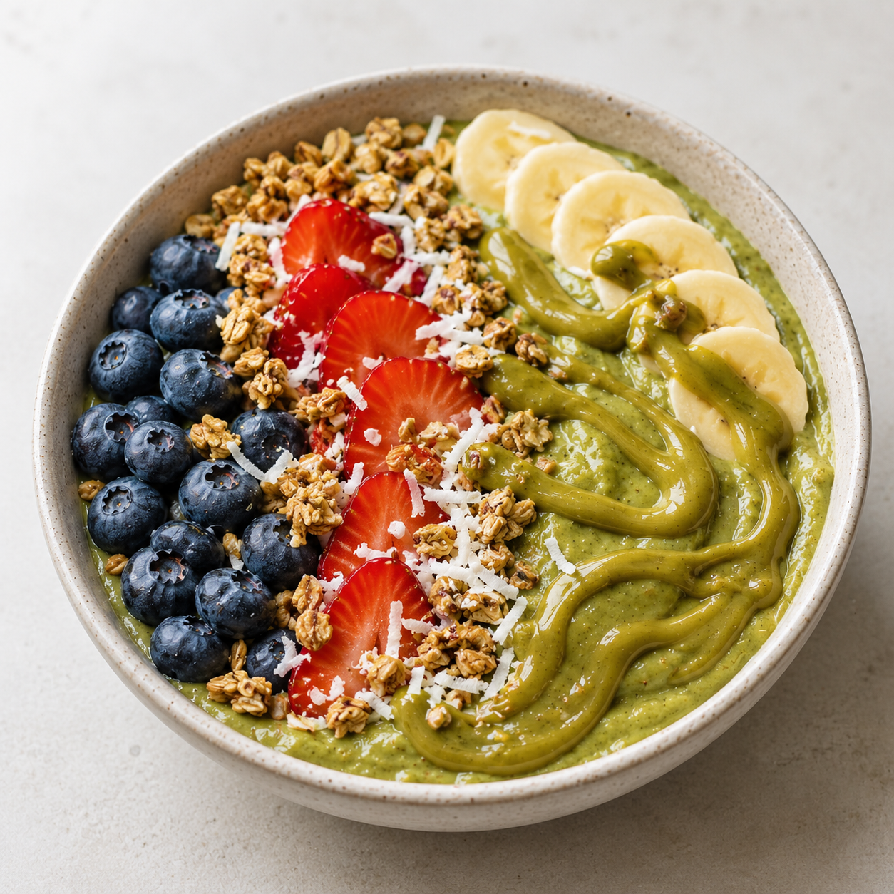Smoothie bowl topped with Vör Pistachio Butter, strawberries, blueberries, banana, granola and coconut