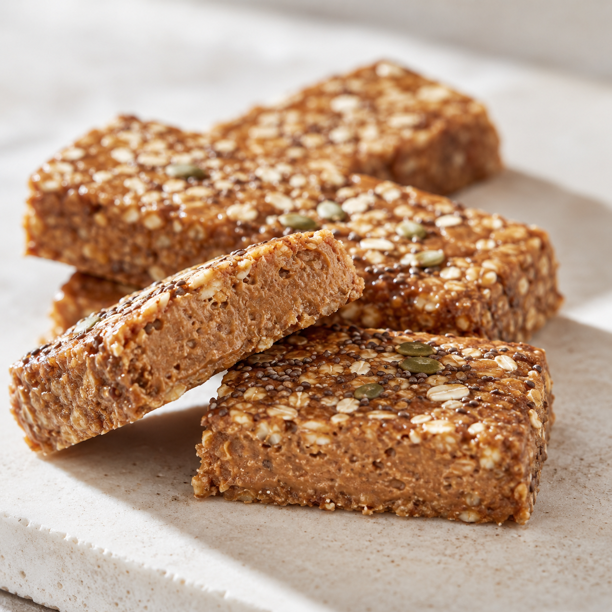 Homemade protein bars made with Vör Walnut Butter, oats, and seeds, showing a rich walnut butter-based texture.