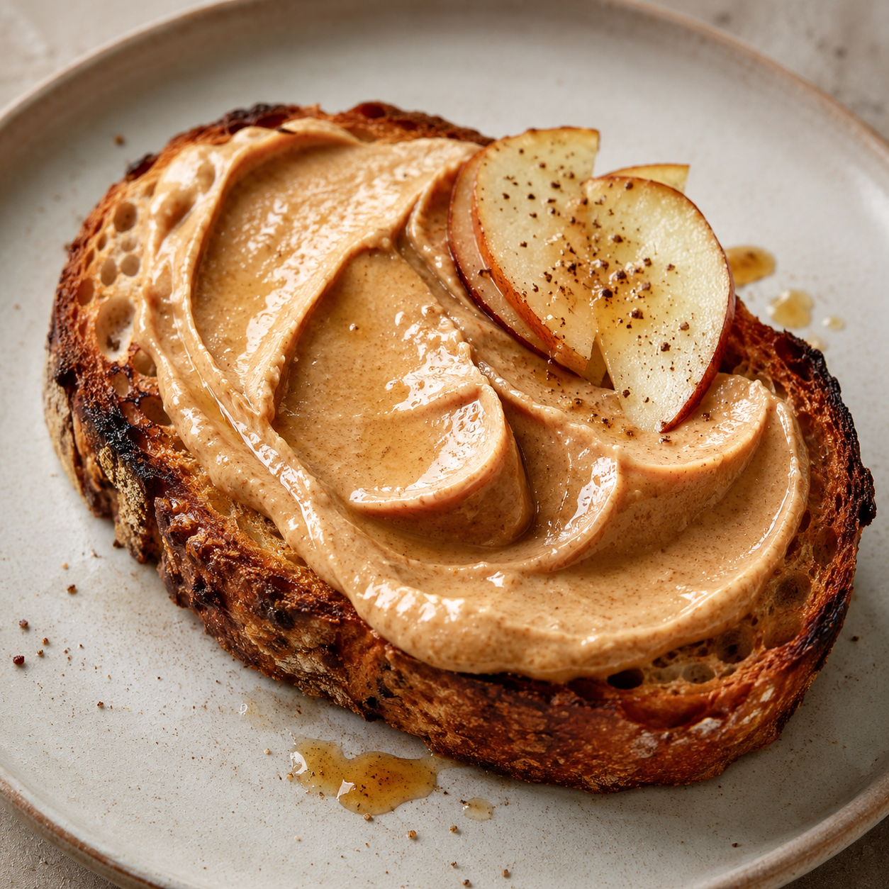 Vör almond butter spread on toasted artisan bread with sliced fruit for a creamy breakfast or café application.