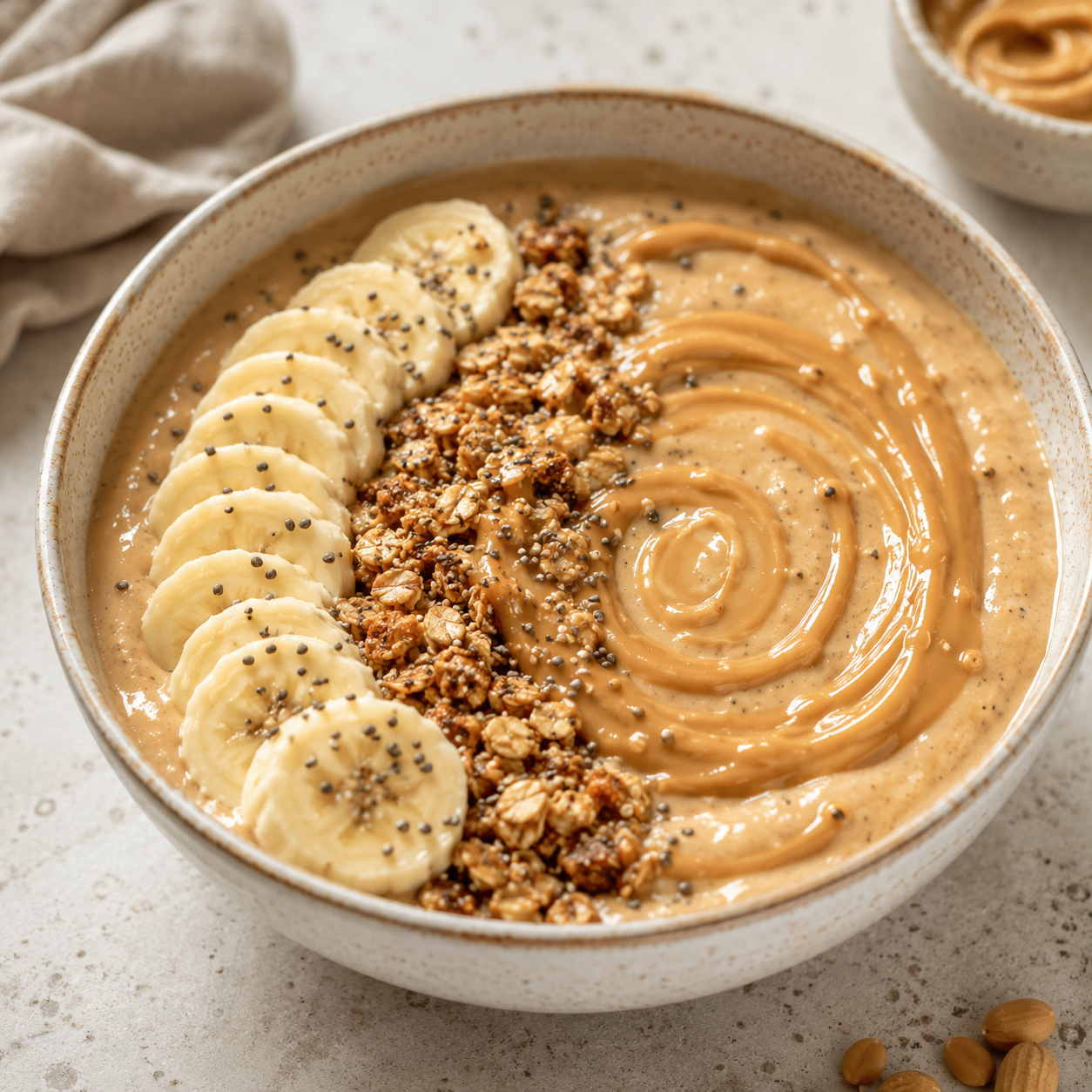Peanut butter smoothie bowl made with Vör Peanut Butter, topped with banana slices, granola, chia seeds and creamy peanut butter.
