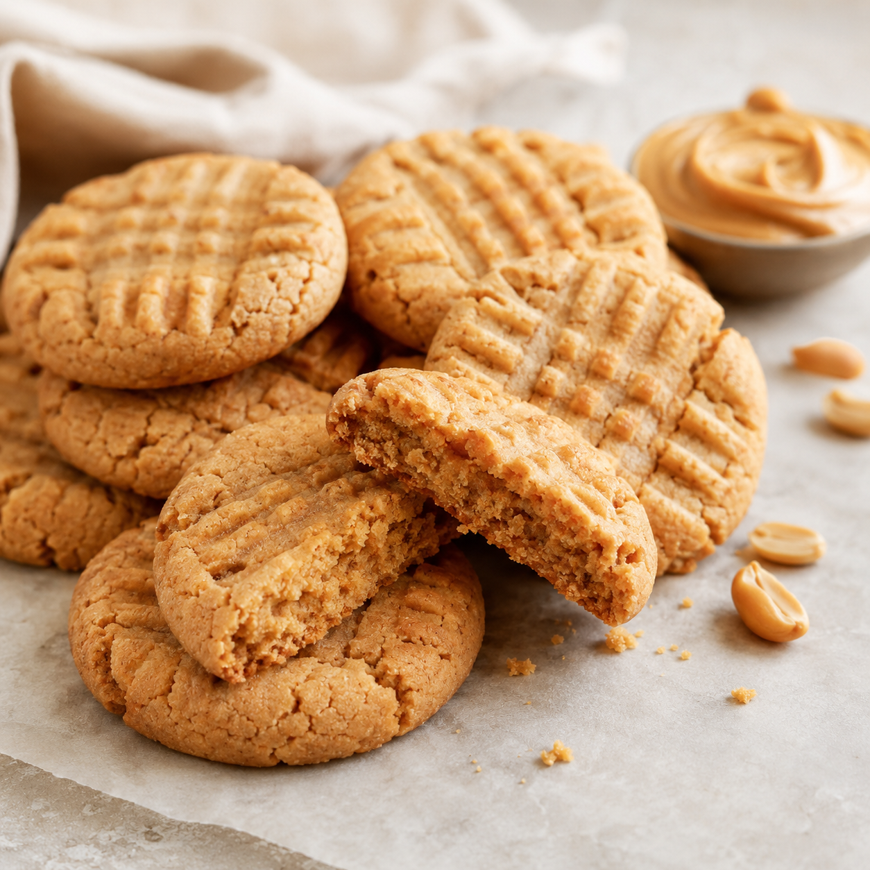 Fresh baked peanut butter cookies made with smooth Vör Peanut Butter, featuring classic fork-marked tops.