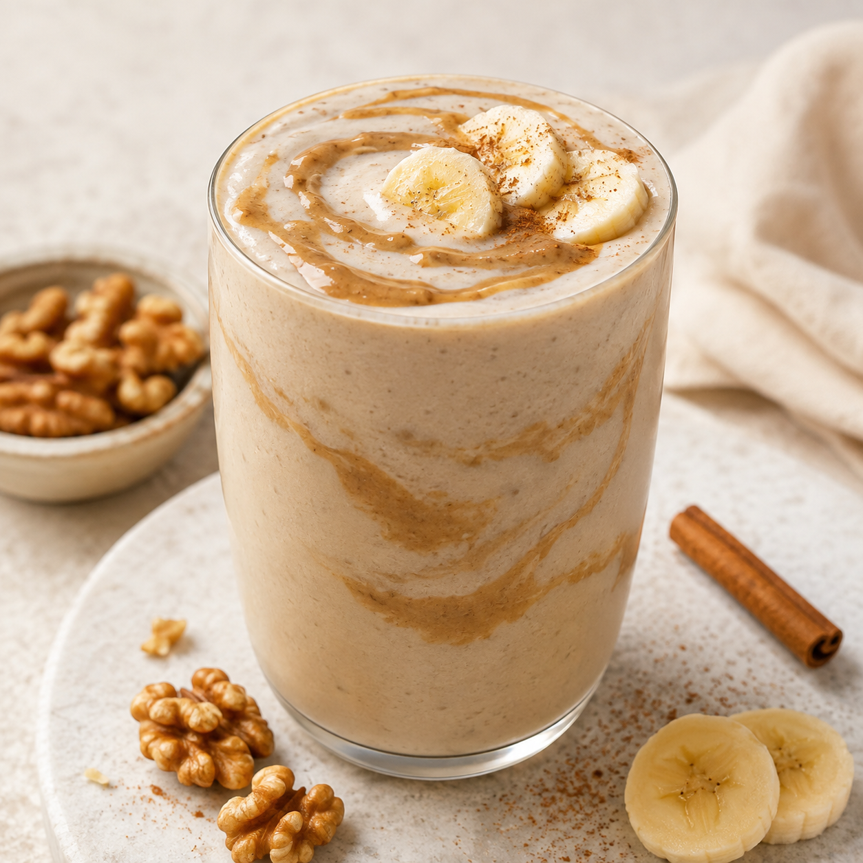 Vör Walnut Butter blended into a creamy banana smoothie with a swirl of walnut butter and sliced banana.