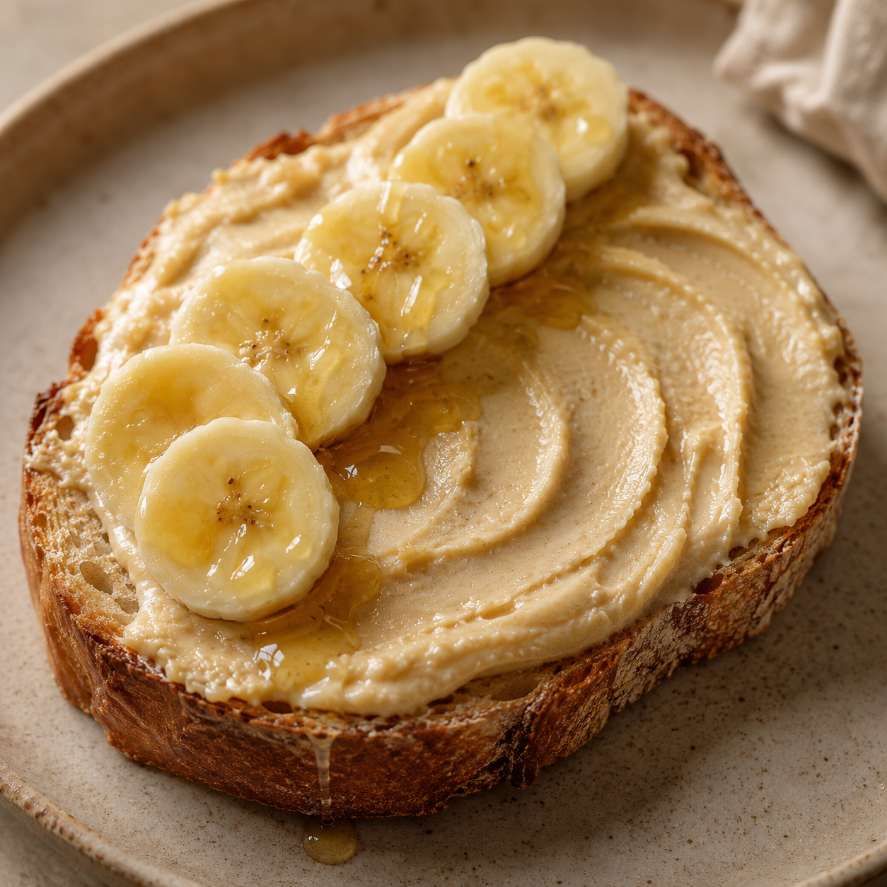 Vör Macadamia Butter spread on artisan toast with sliced banana and honey.